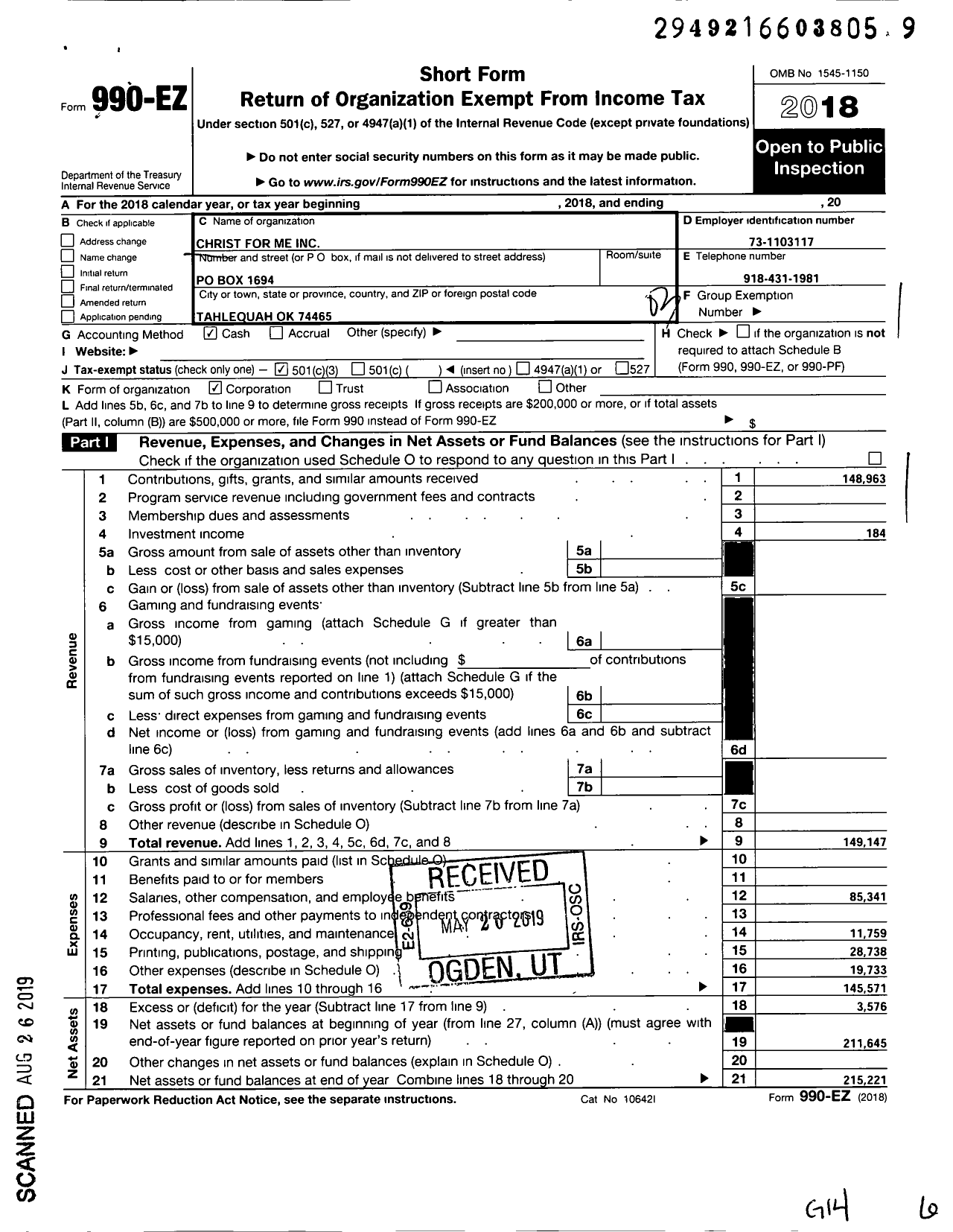 Image of first page of 2018 Form 990EZ for Christ for Me