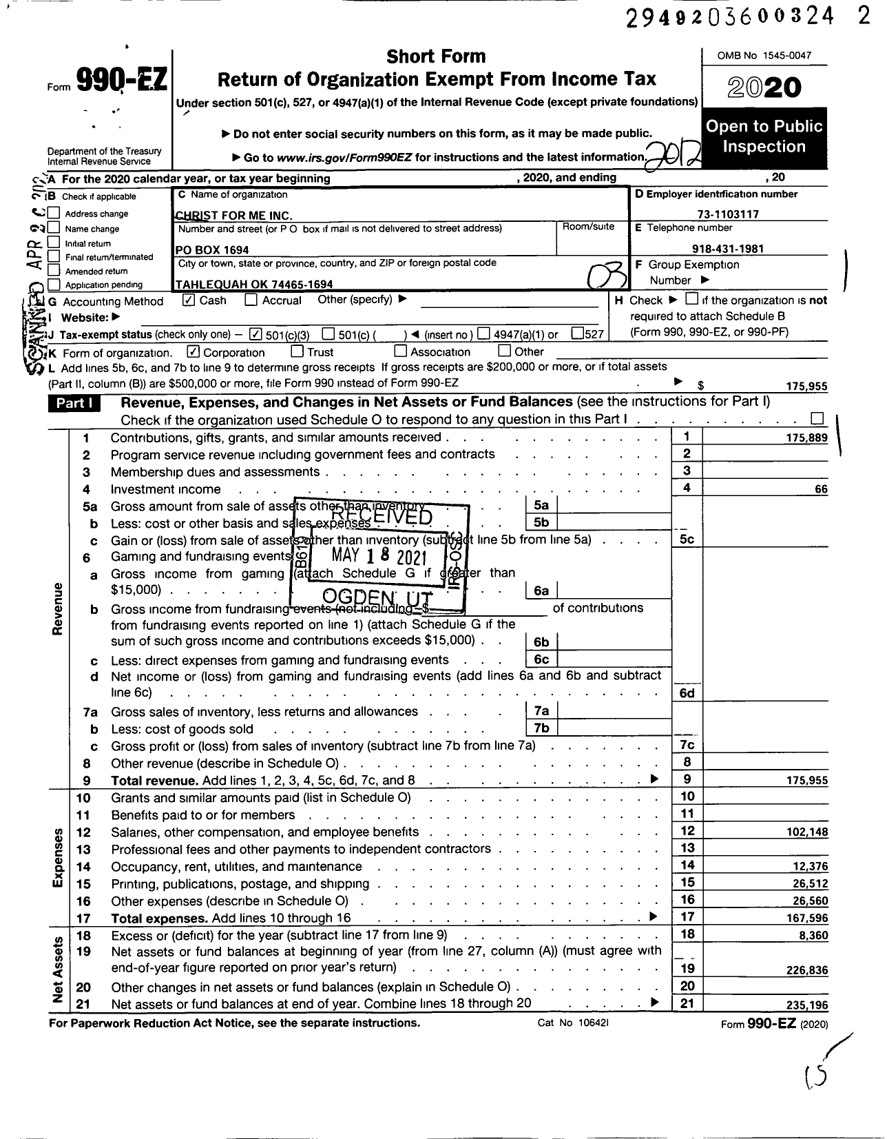 Image of first page of 2020 Form 990EZ for Christ for Me