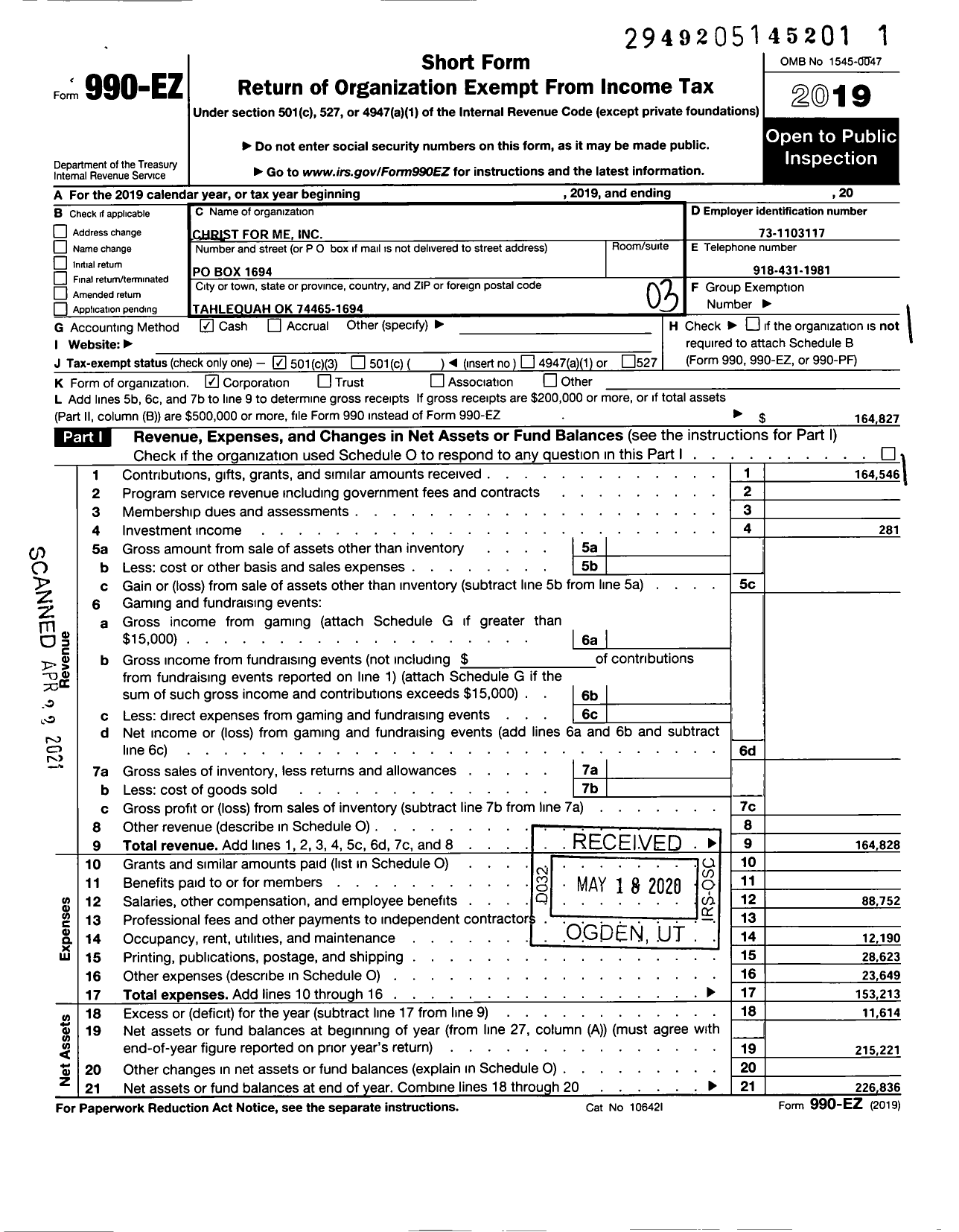 Image of first page of 2019 Form 990EZ for Christ for Me