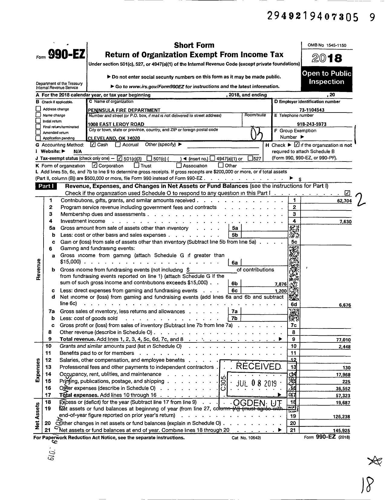 Image of first page of 2018 Form 990EZ for Peninsula Fire Department