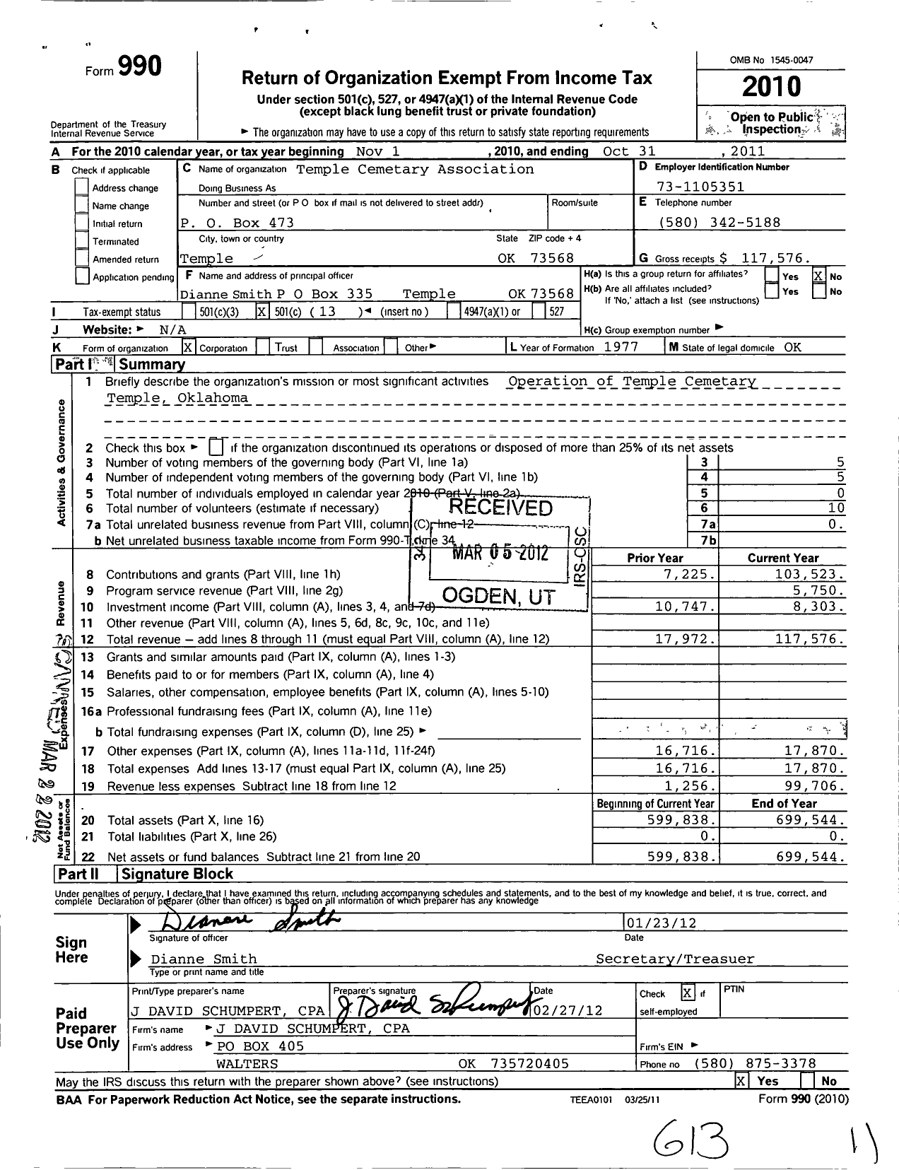 Image of first page of 2010 Form 990O for Temple Cemetery Association