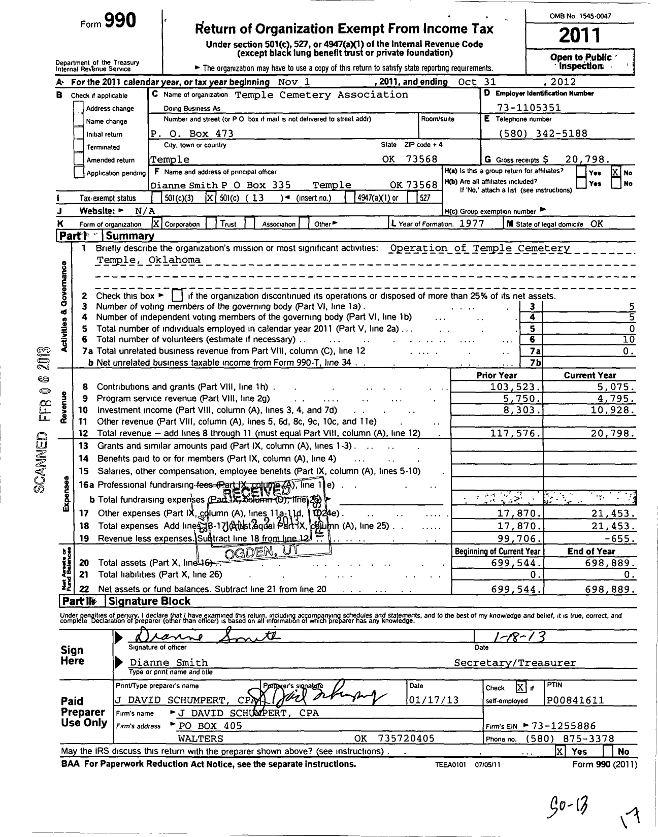 Image of first page of 2011 Form 990O for Temple Cemetery Association