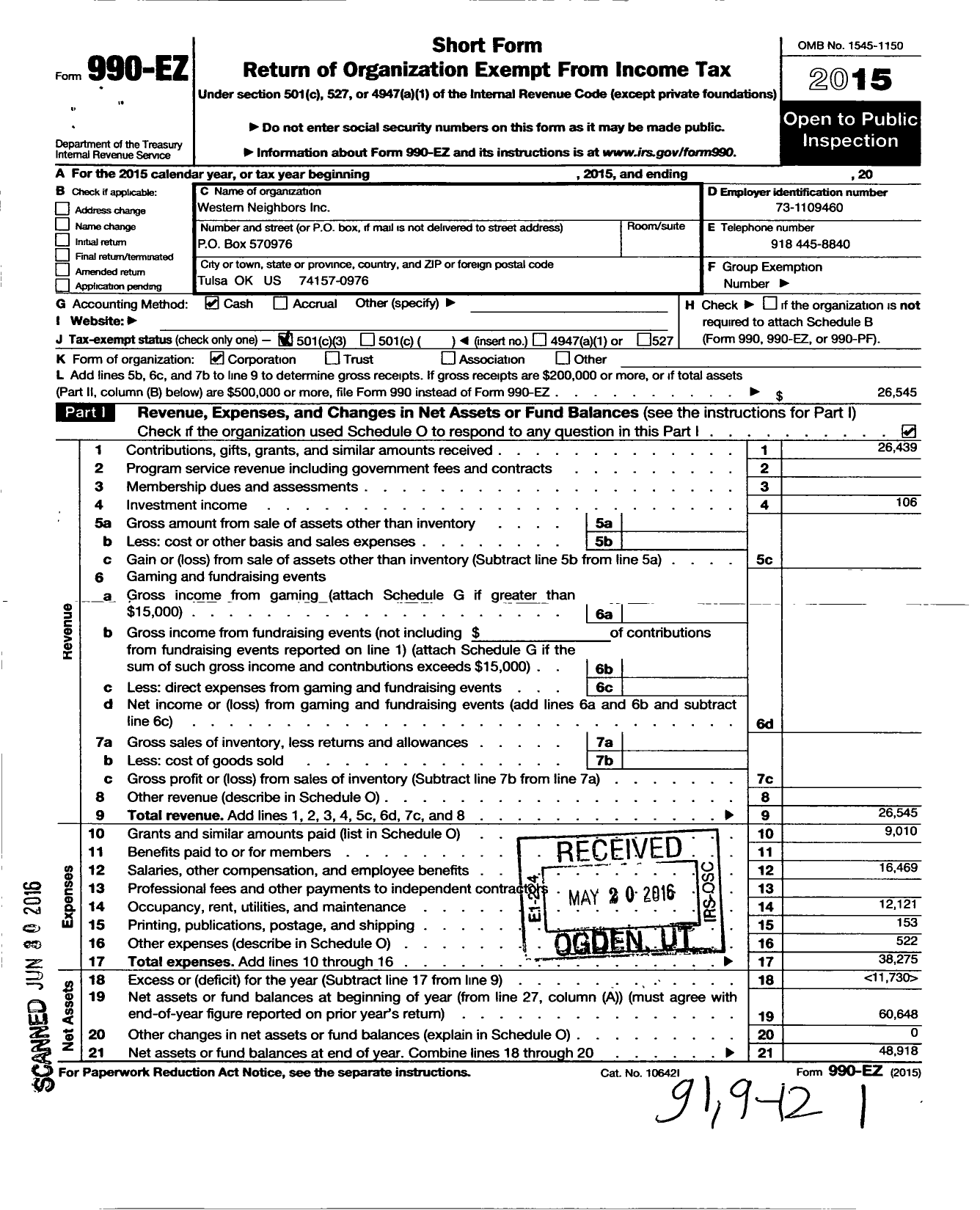 Image of first page of 2015 Form 990EZ for Western Neighbors