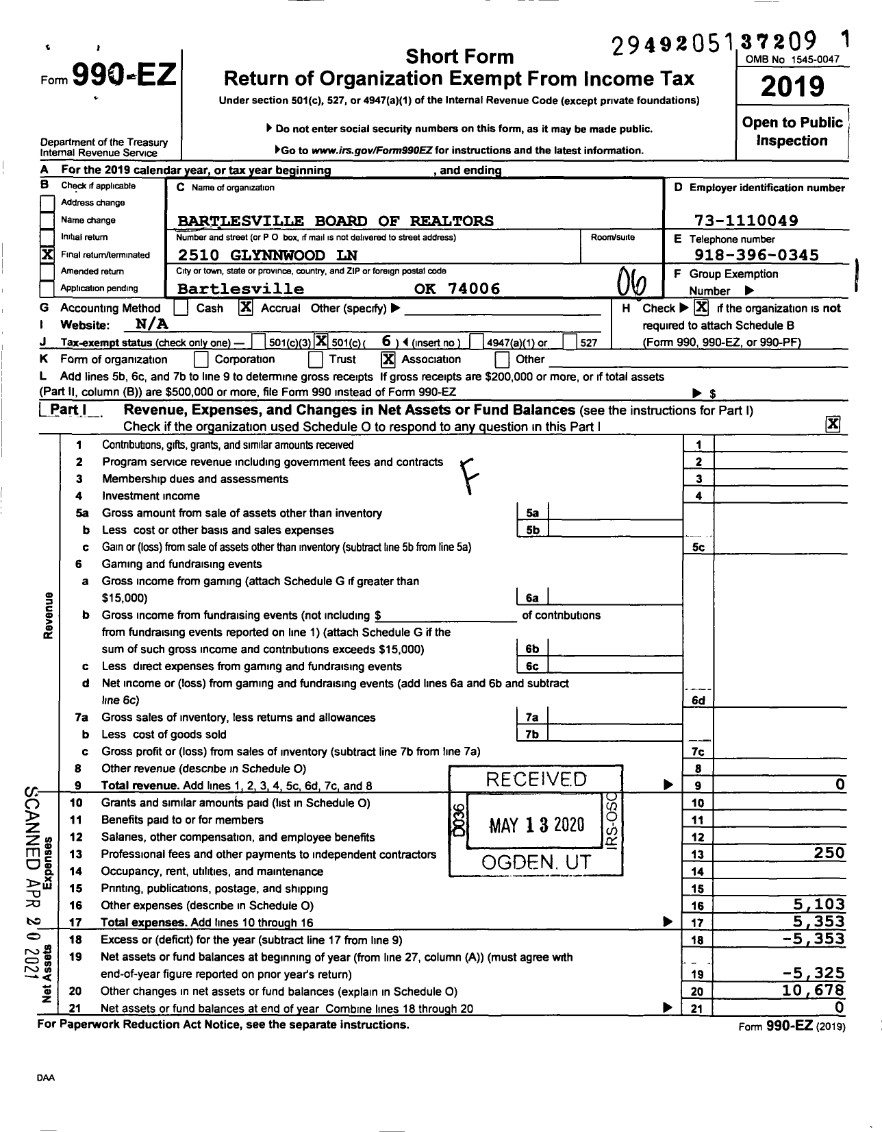 Image of first page of 2019 Form 990EO for Bartlesville Board of Realtors