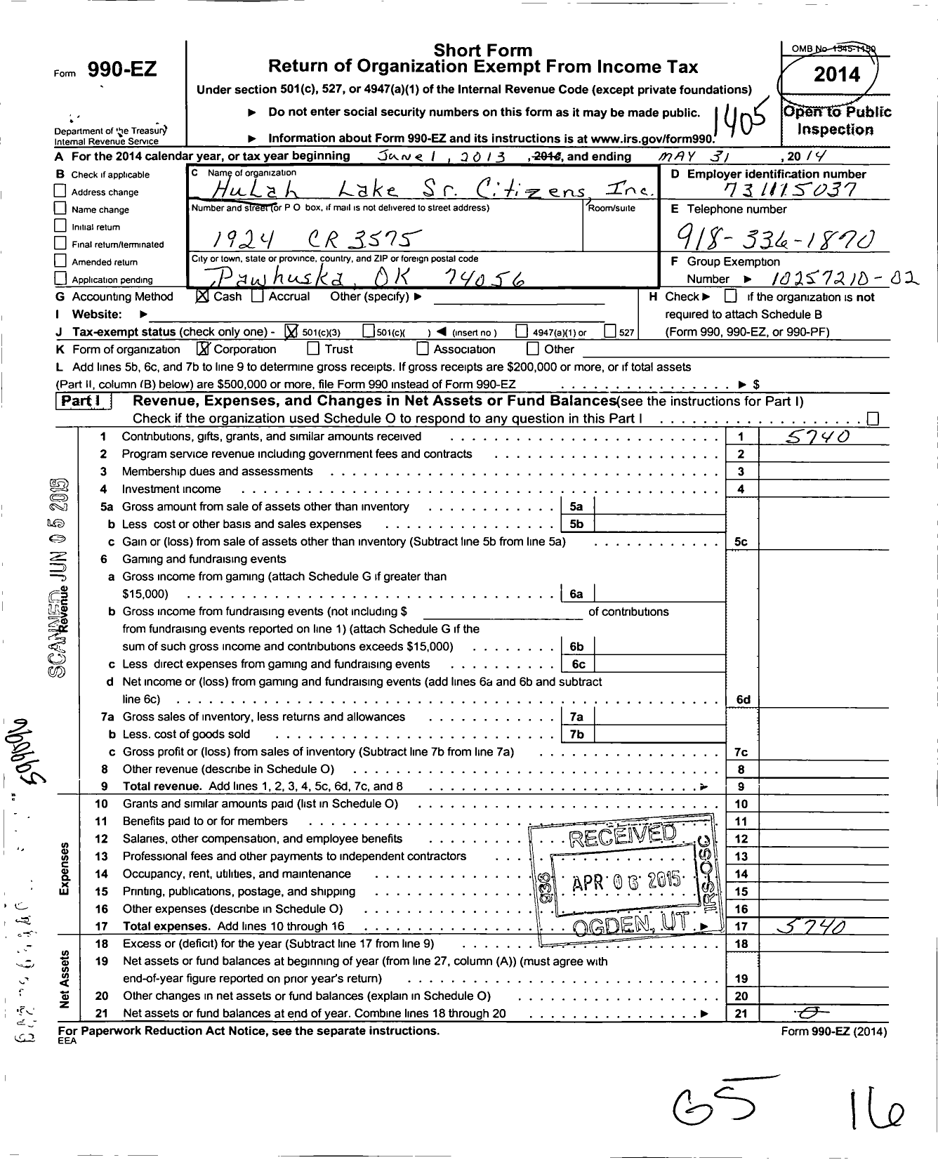 Image of first page of 2013 Form 990EZ for Hulah Lake Senior Citizens