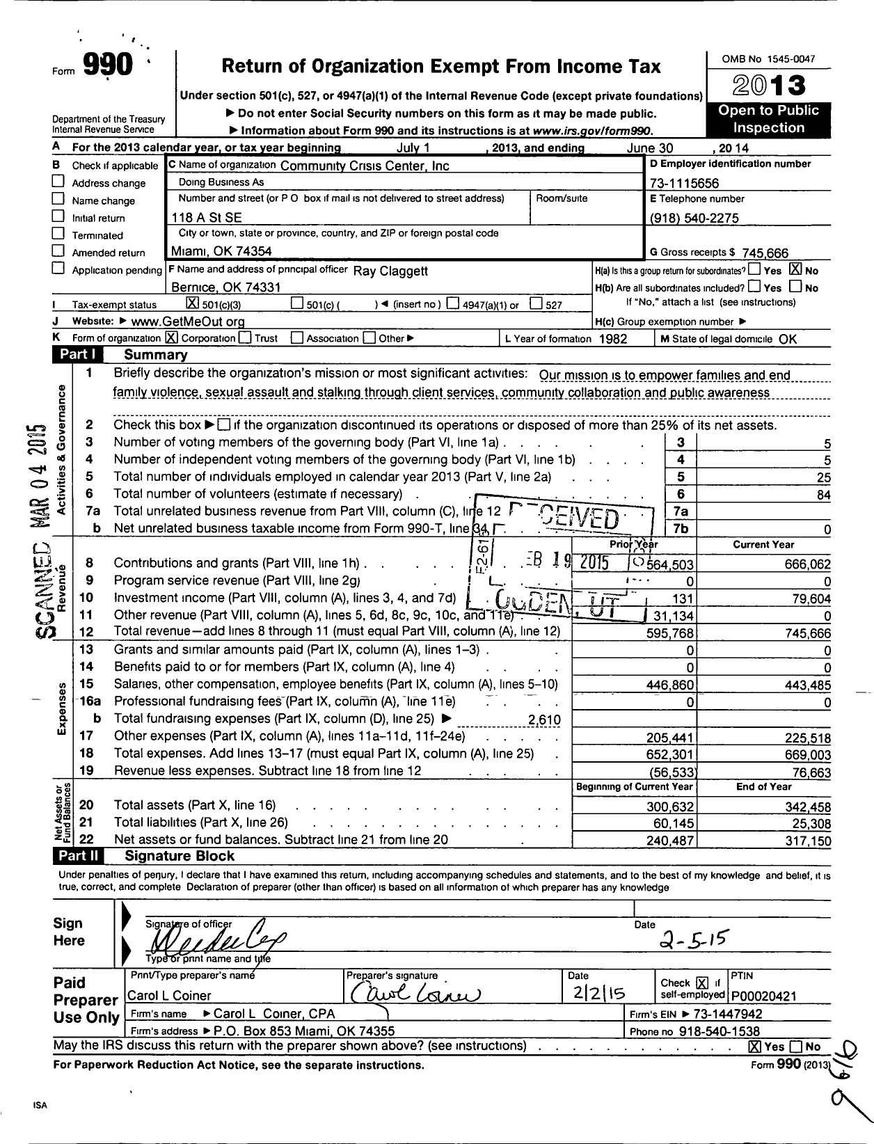 Image of first page of 2013 Form 990 for Community Crisis Center