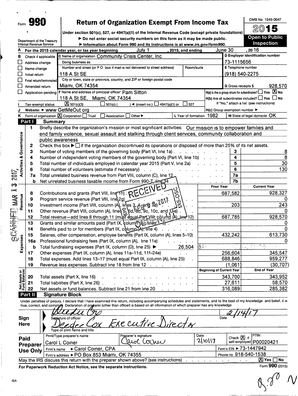 Image of first page of 2015 Form 990 for Community Crisis Center