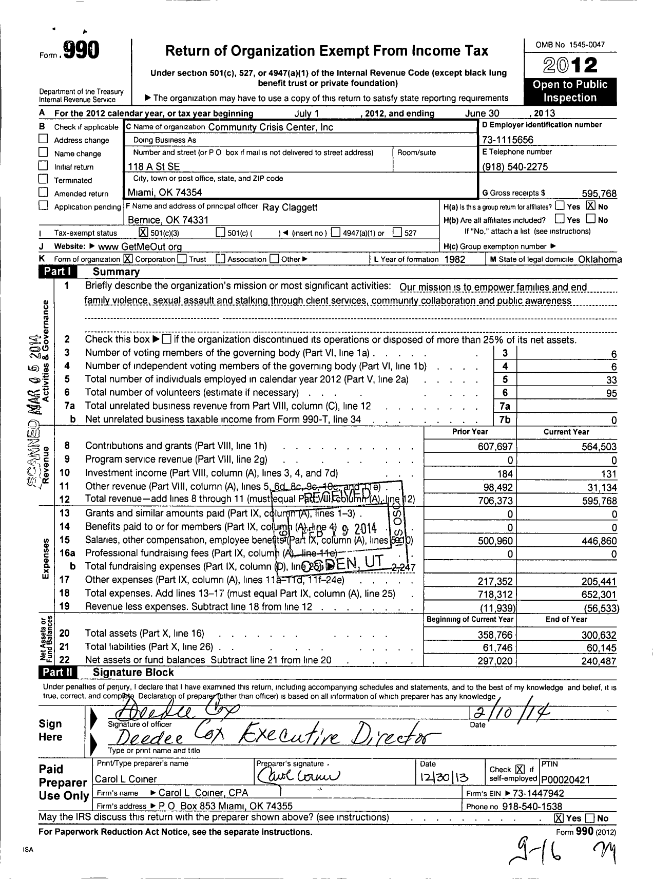 Image of first page of 2012 Form 990 for Community Crisis Center