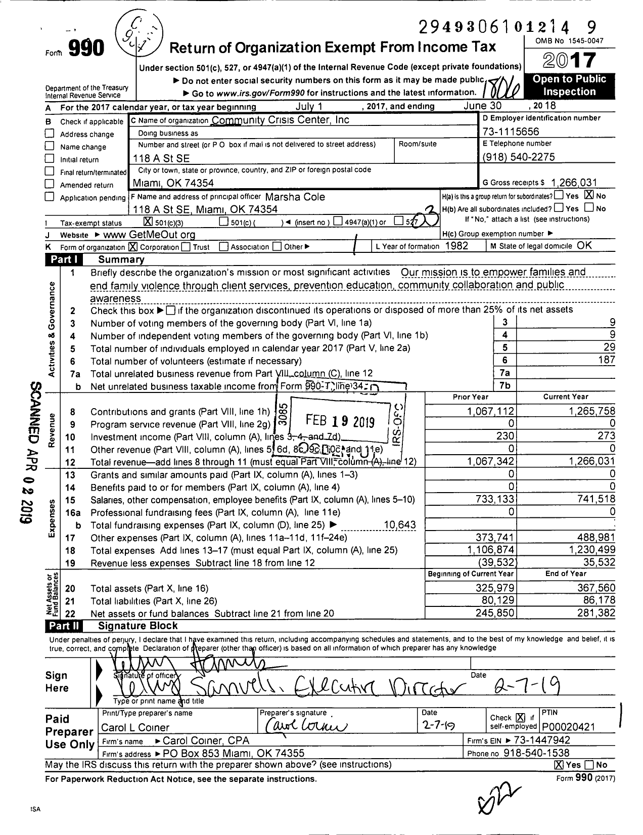 Image of first page of 2017 Form 990 for Community Crisis Center
