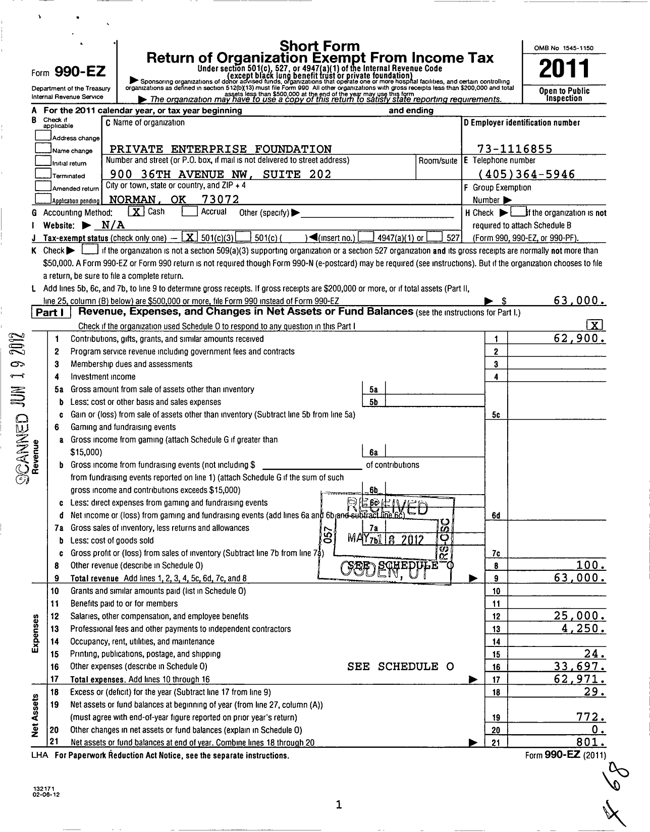 Image of first page of 2011 Form 990EZ for Private Enterprise Foundation