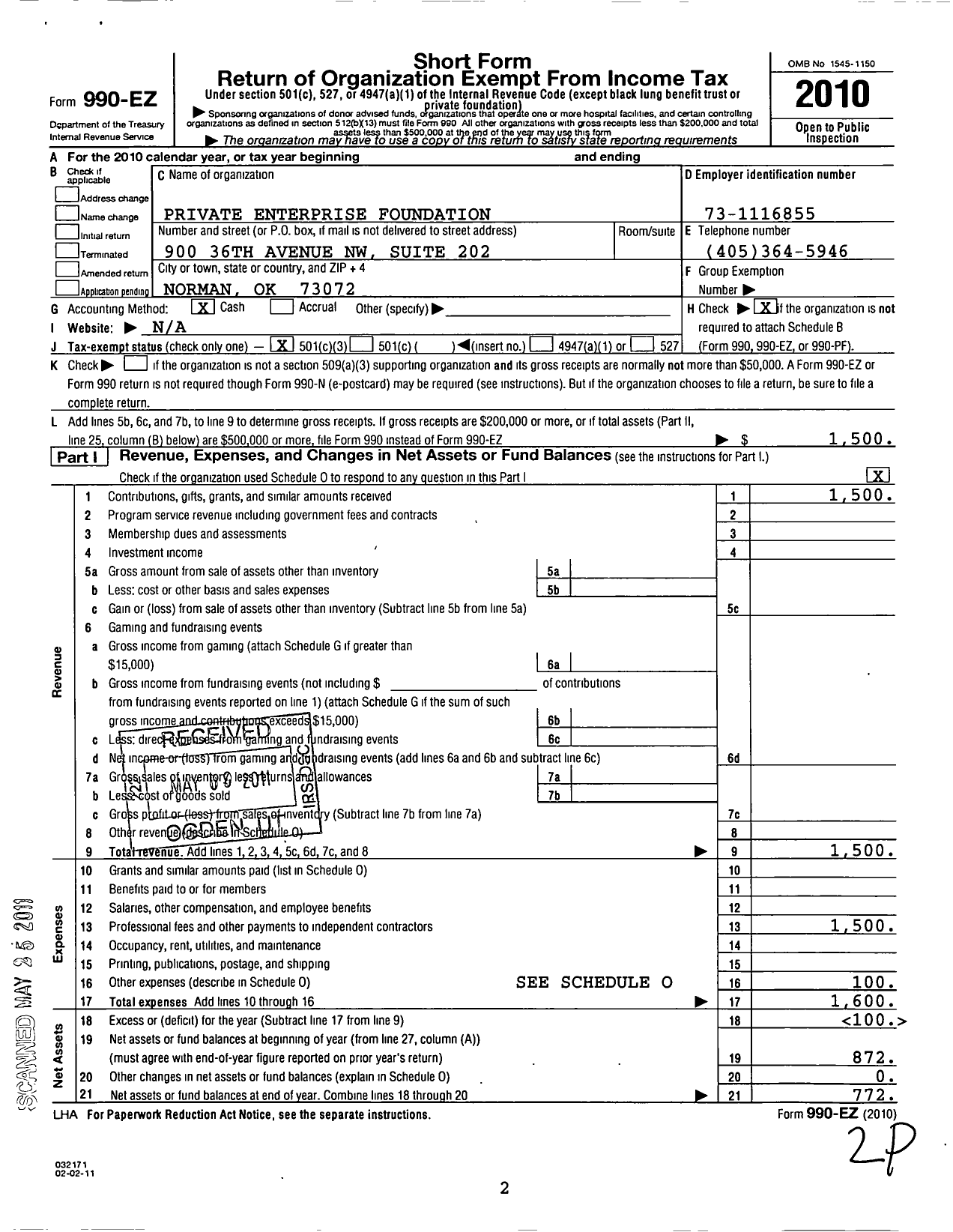 Image of first page of 2010 Form 990EZ for Private Enterprise Foundation