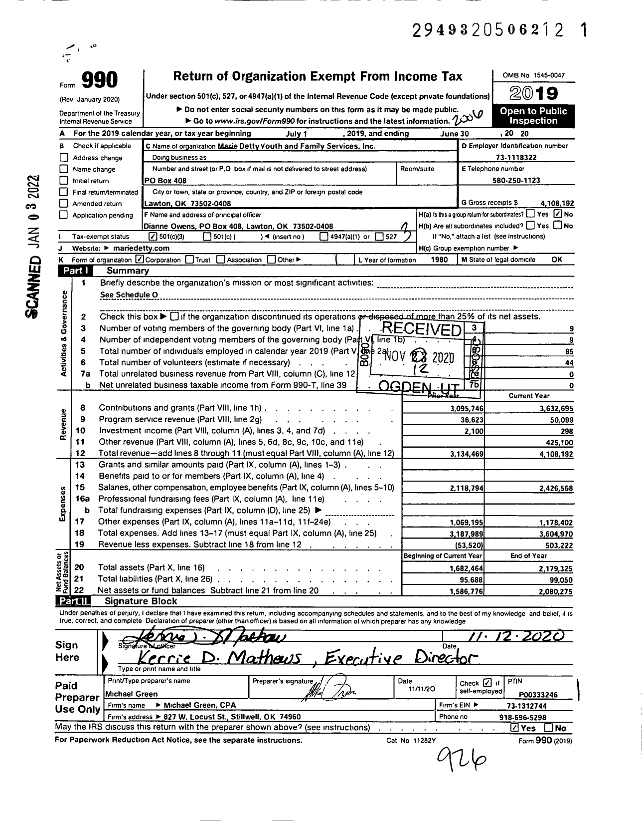 Image of first page of 2019 Form 990 for Marie Detty Youth & Family Services Center