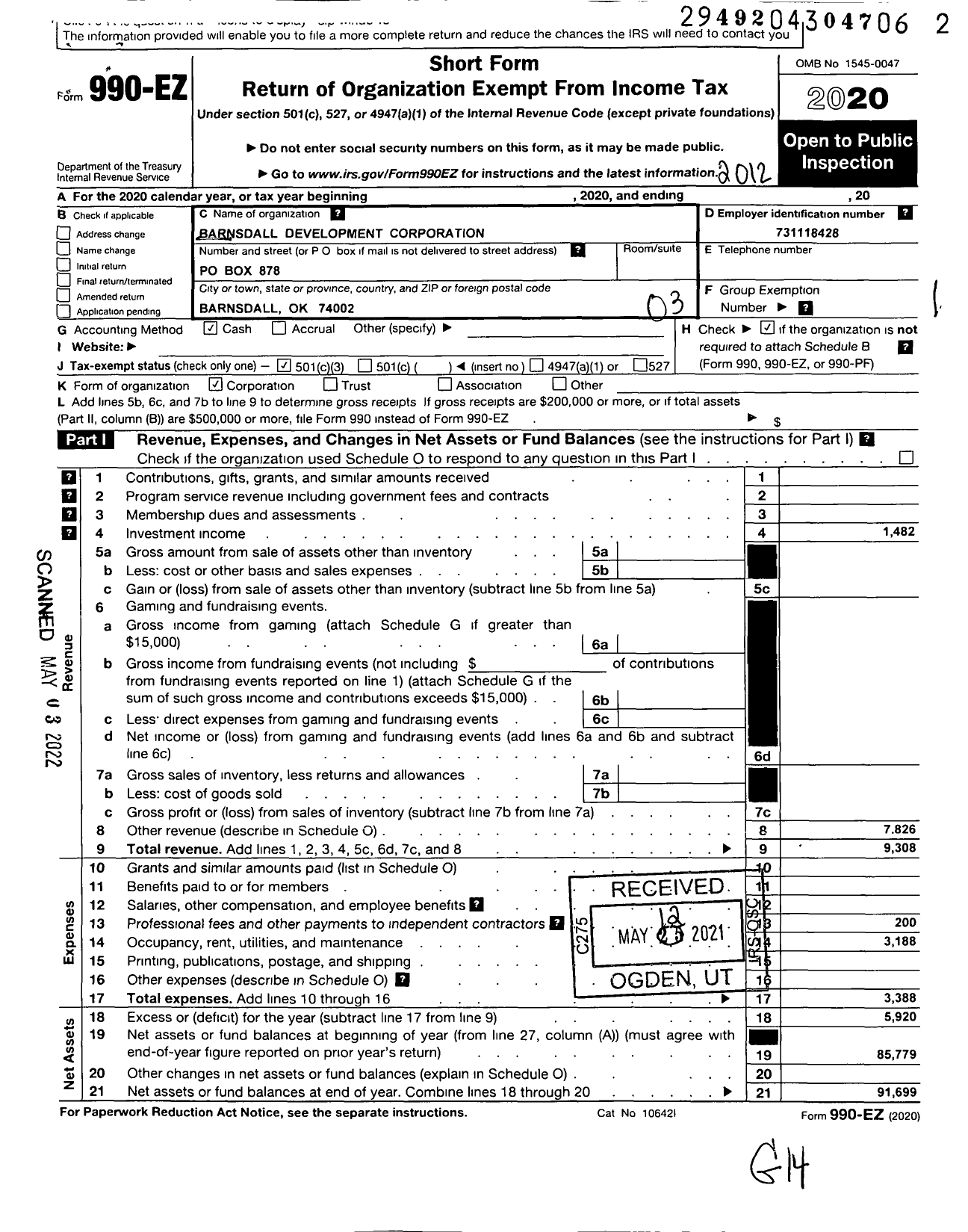 Image of first page of 2020 Form 990EZ for Barnsdall Development Corporation