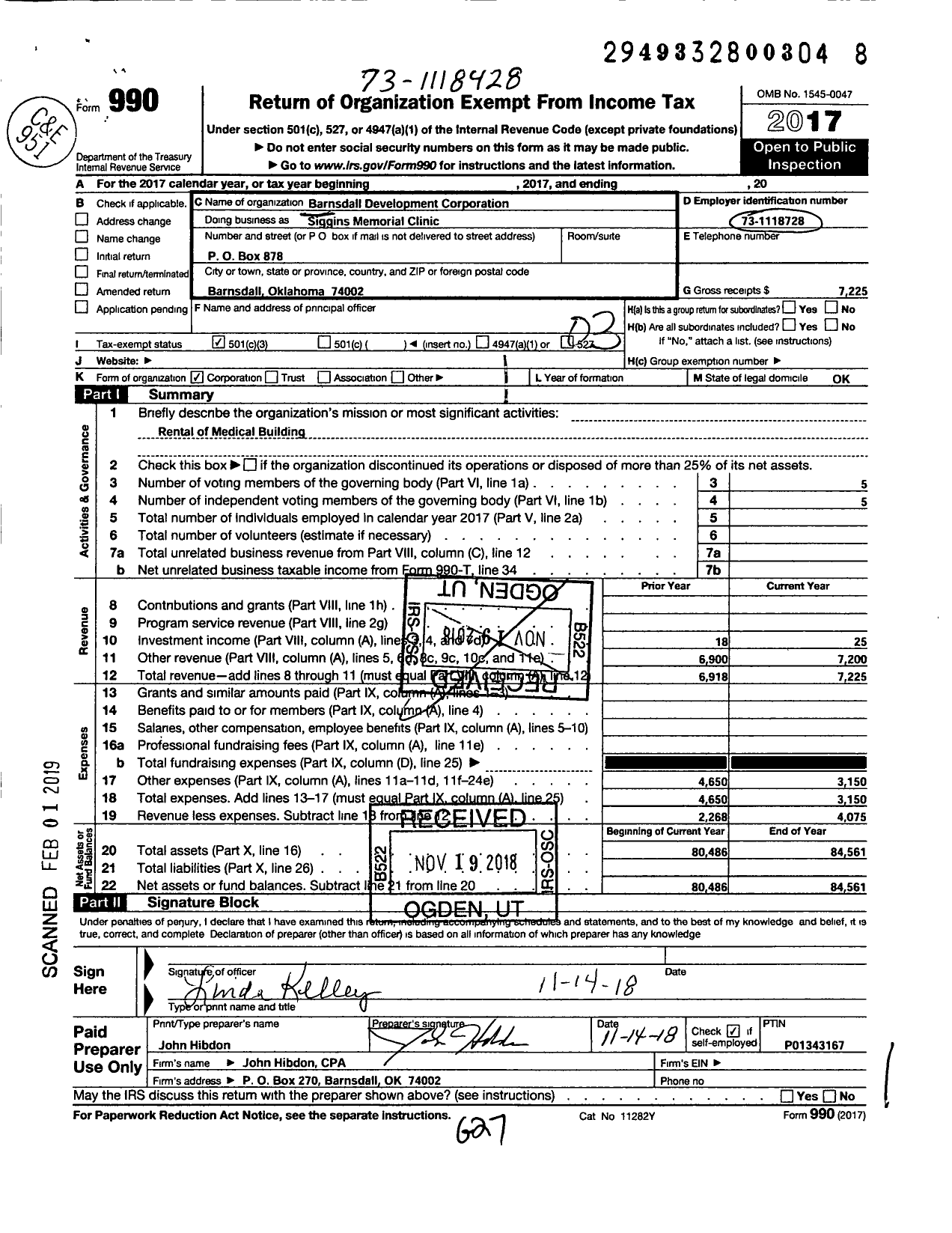 Image of first page of 2017 Form 990 for Barnsdall Development Corporation