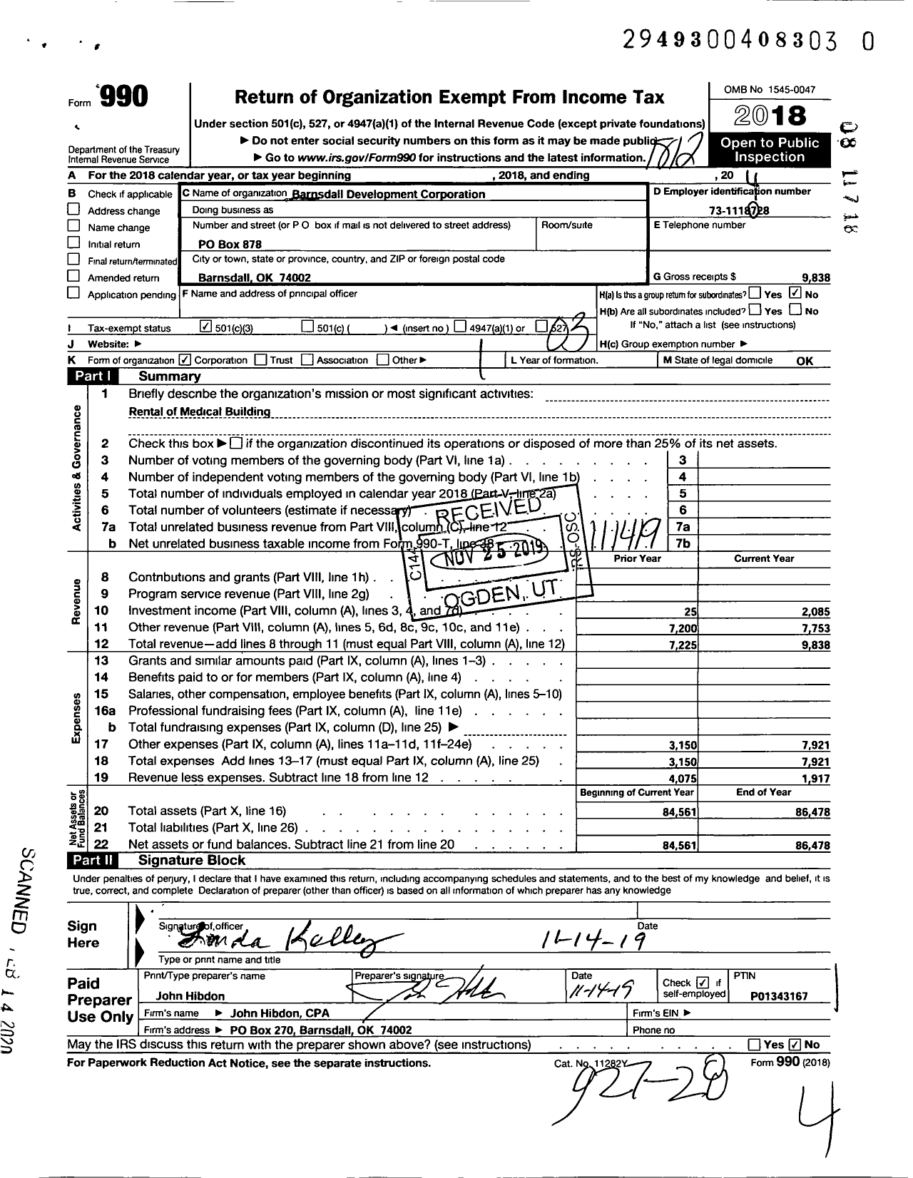 Image of first page of 2018 Form 990 for Barnsdall Development Corporation