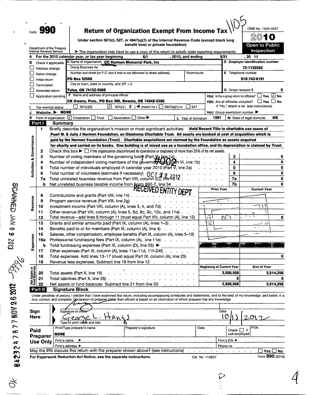 Image of first page of 2010 Form 990O for C C Harmon Memorial Park