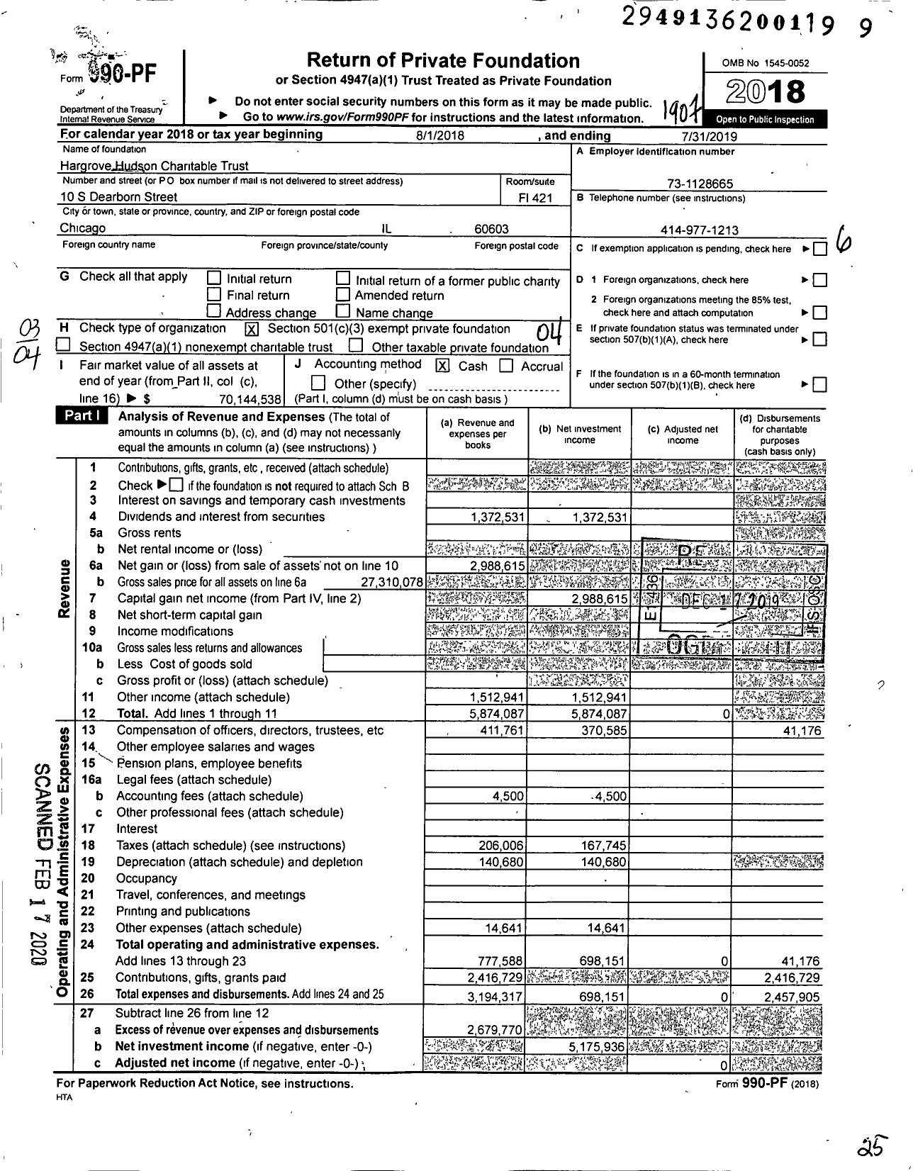 Image of first page of 2018 Form 990PF for Hargrove Hudson Charitable Trust XXXXX8005