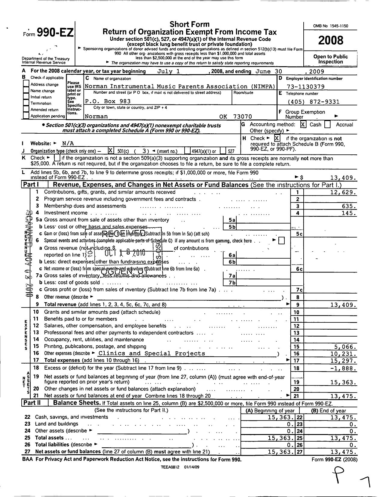 Image of first page of 2008 Form 990EZ for Norman Instrumental Music Parents Association