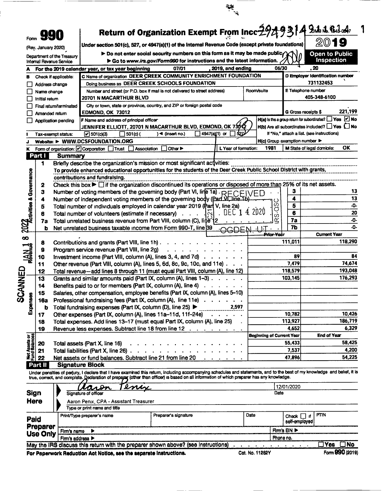 Image of first page of 2019 Form 990 for Deer Creek Schools Foundation