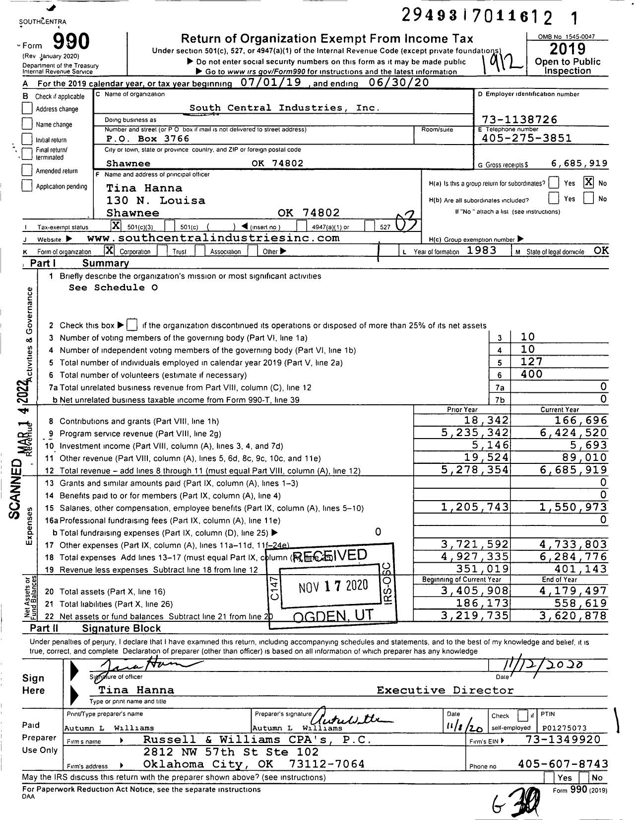 Image of first page of 2019 Form 990 for South Central Industries