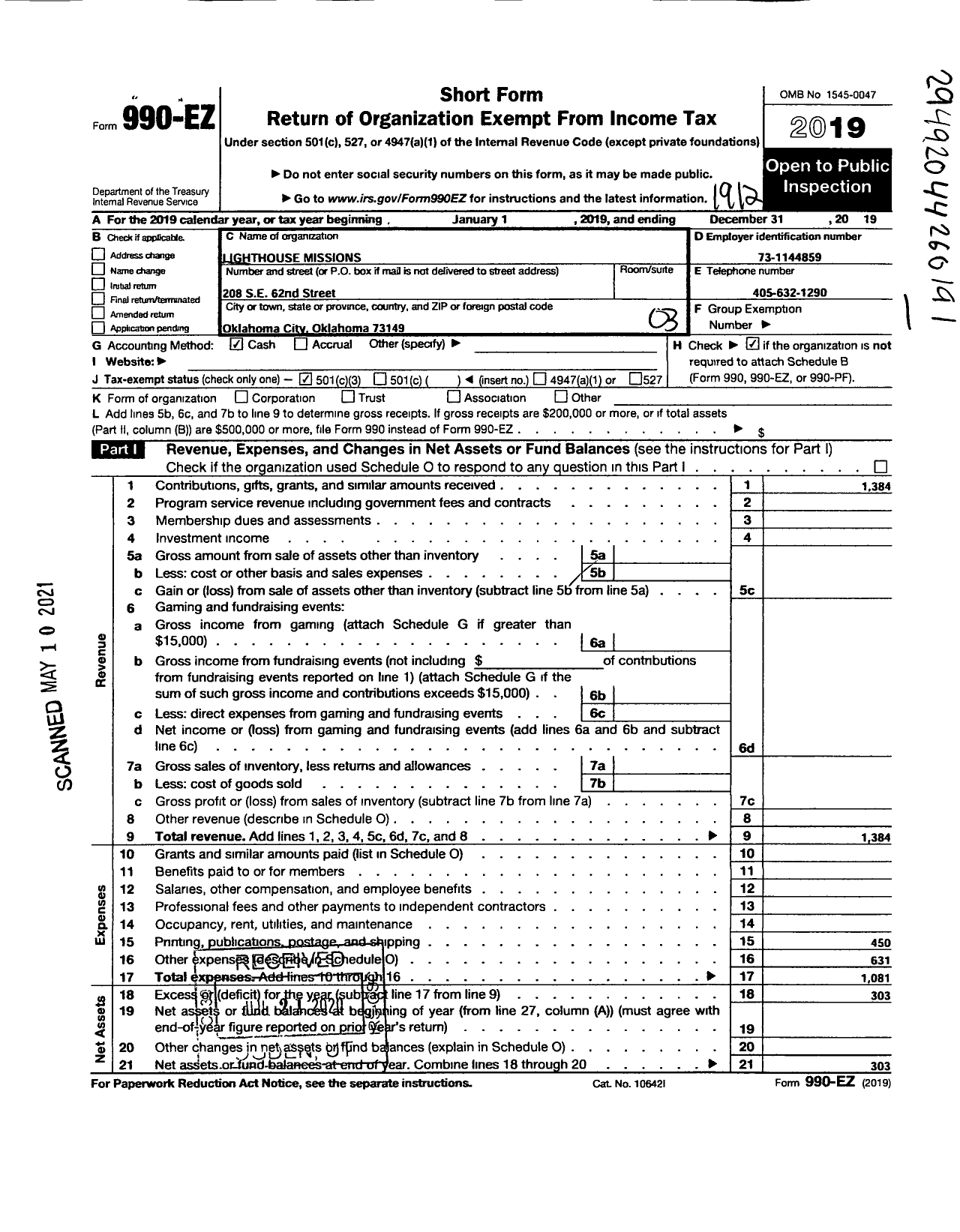 Image of first page of 2019 Form 990EZ for Lighthouse Missions