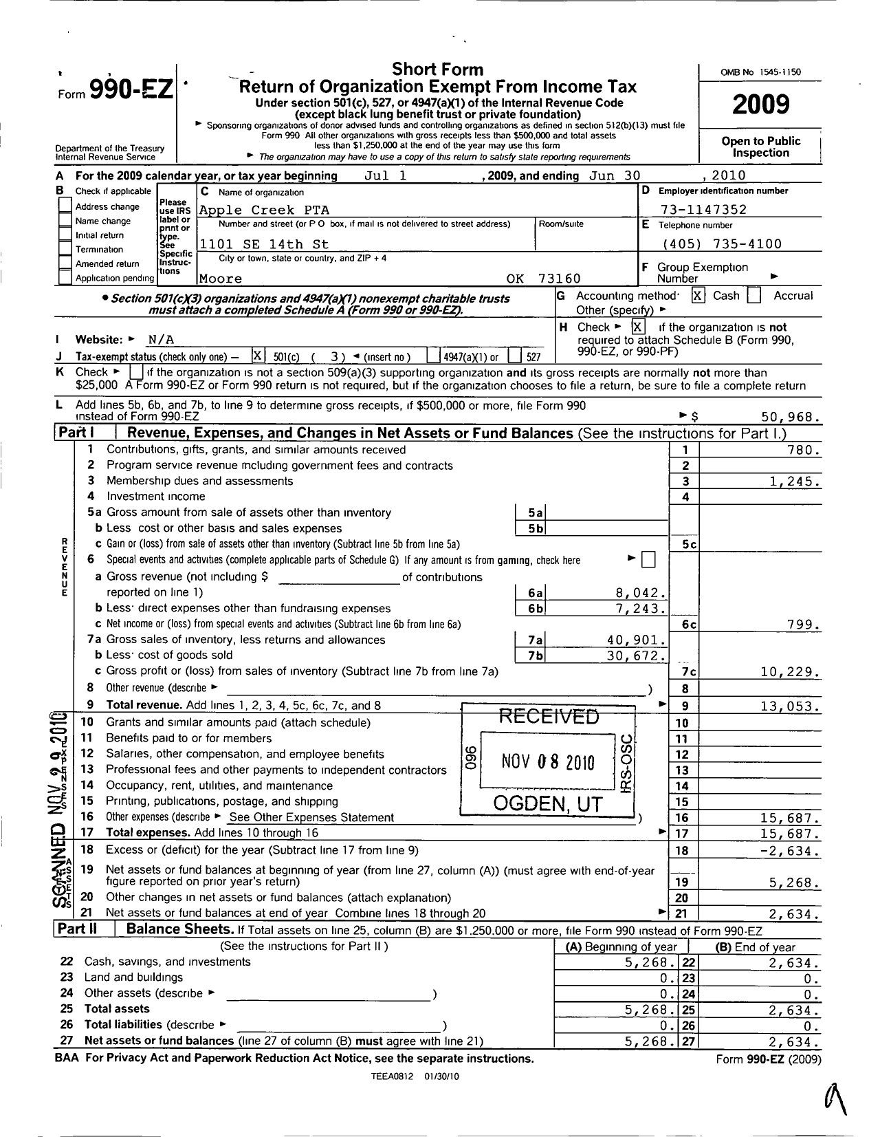 Image of first page of 2009 Form 990EZ for PTA Oklahoma Congress / Apple Creek