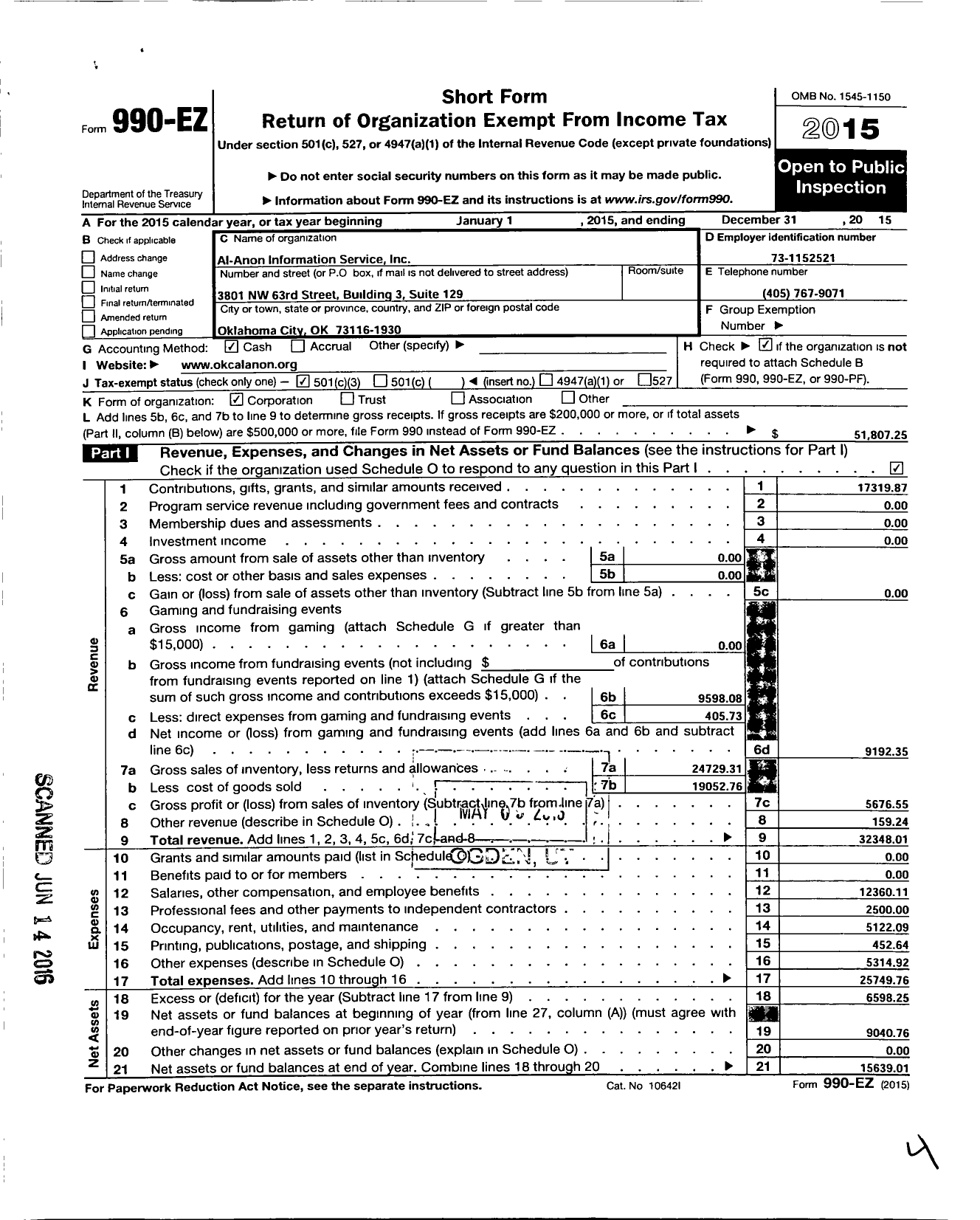 Image of first page of 2015 Form 990EZ for Al-Anon Information Service