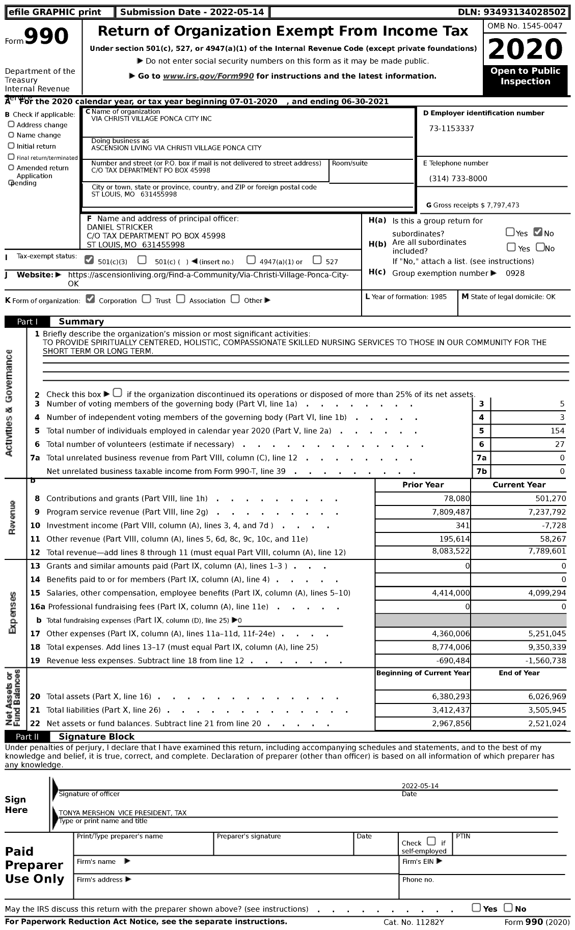 Image of first page of 2020 Form 990 for Ascension Living Via Christi Village Ponca City