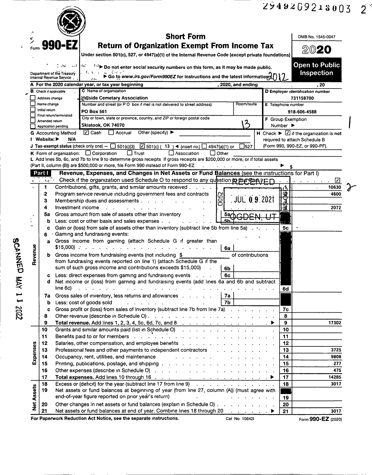 Image of first page of 2020 Form 990EO for Hillside Cemetary Association