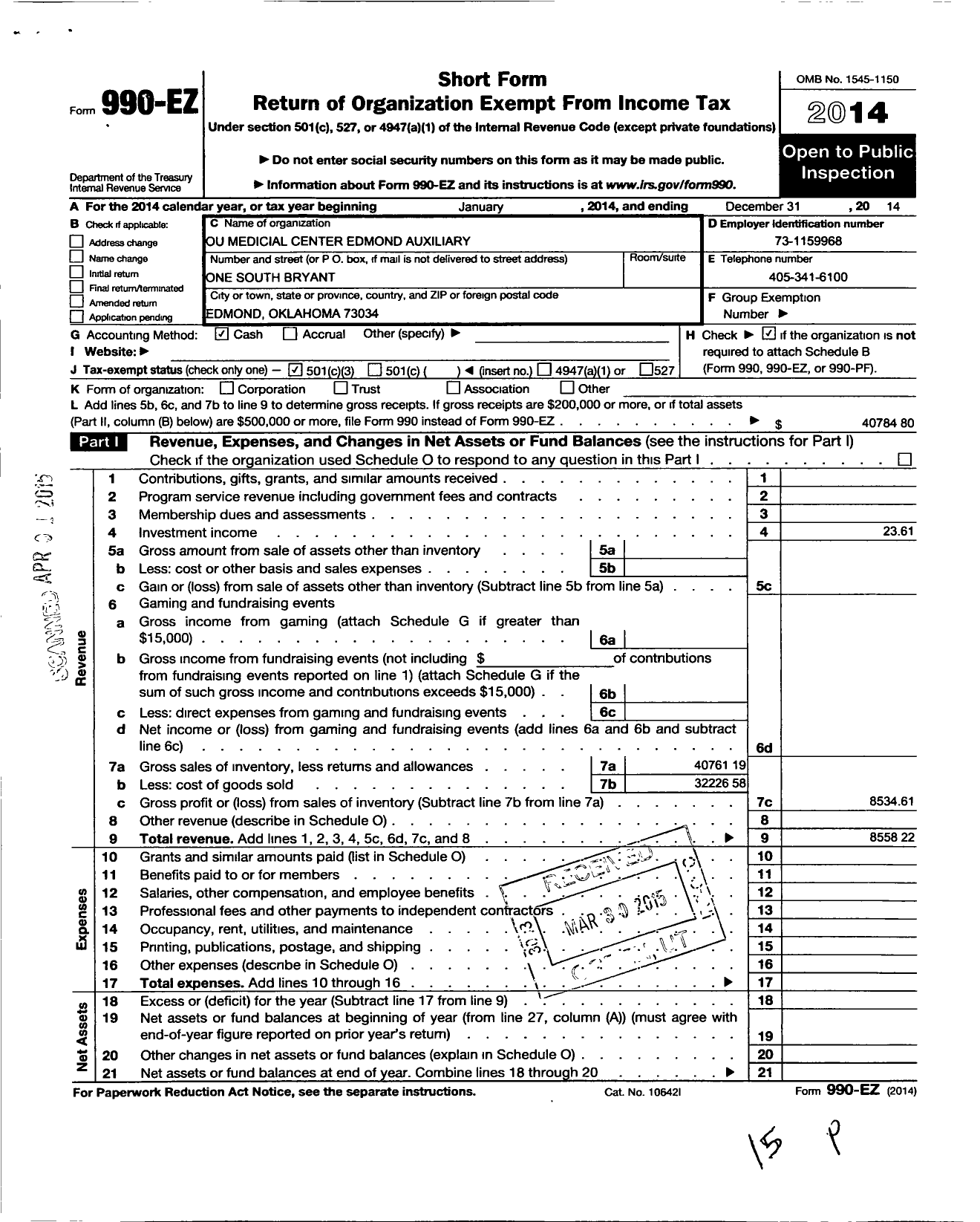 Image of first page of 2014 Form 990EZ for Columbia Center Edmond Auxiliary