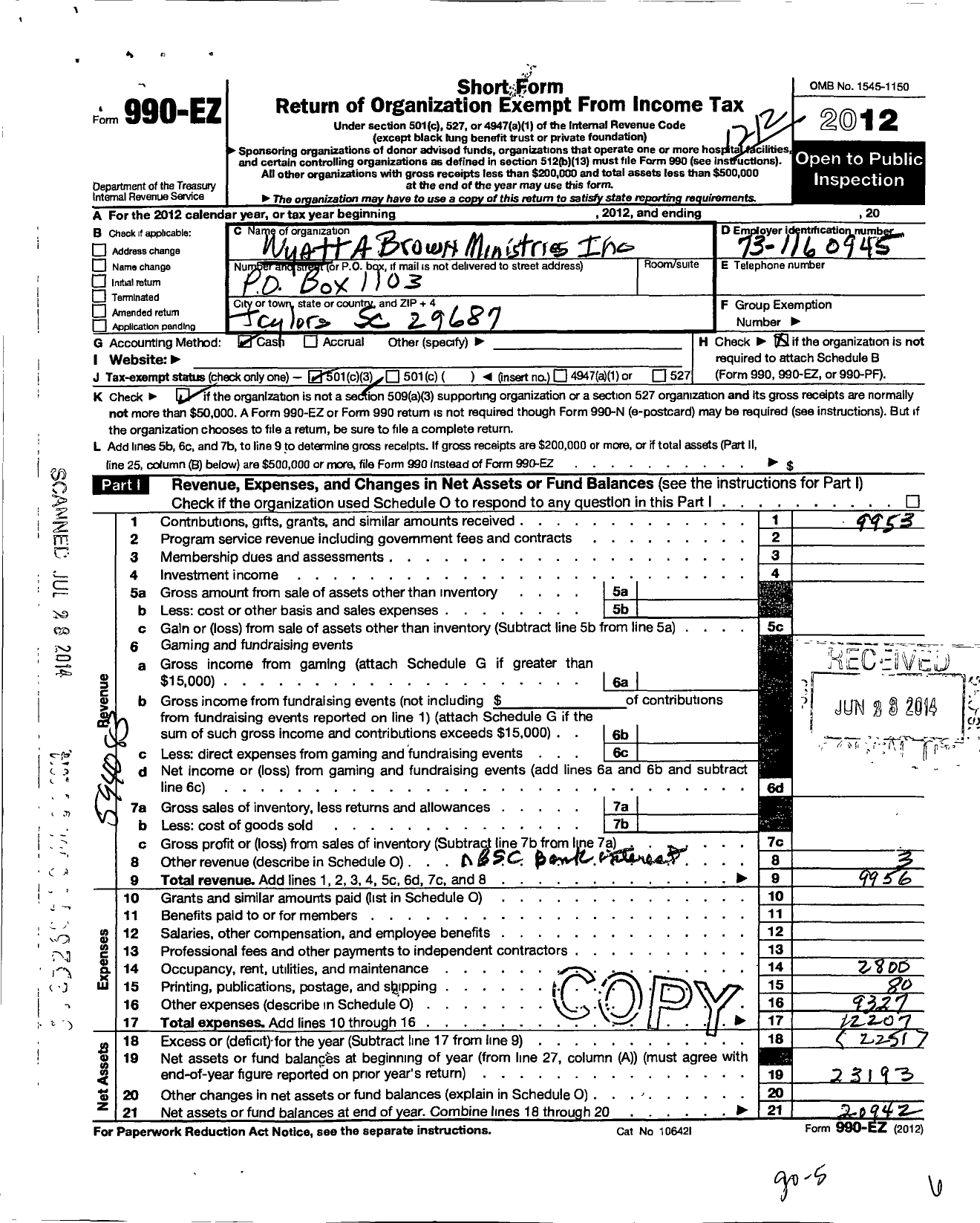 Image of first page of 2012 Form 990EZ for Wyatt A Brown Ministries