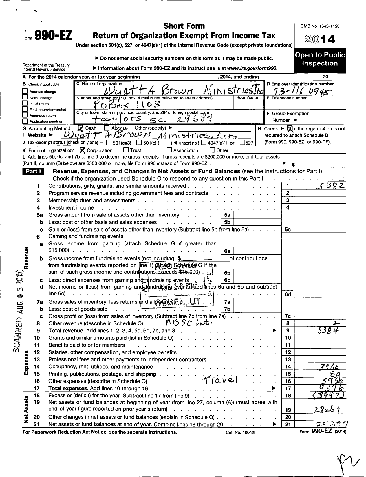 Image of first page of 2014 Form 990EO for Wyatt A Brown Ministries