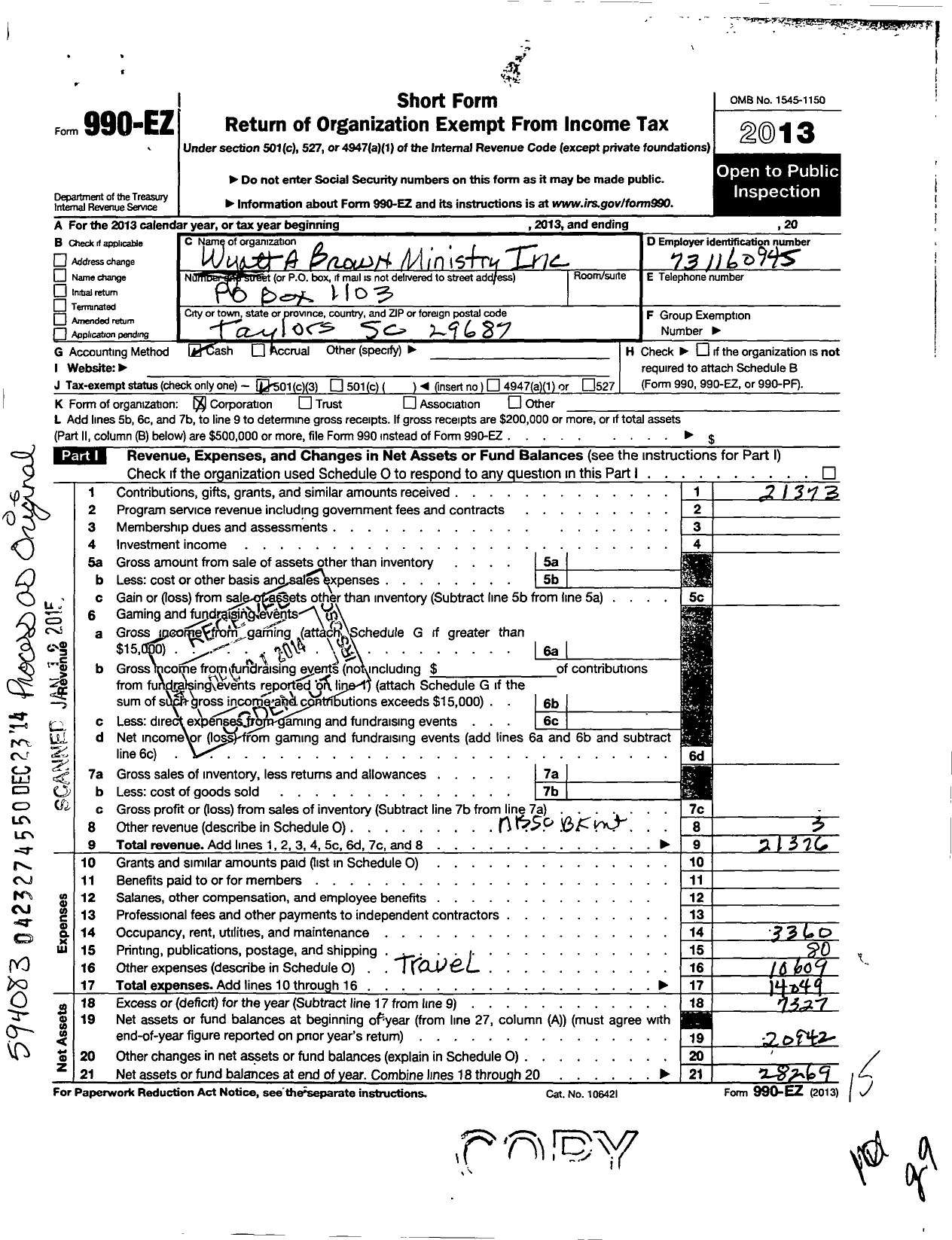 Image of first page of 2013 Form 990EZ for Wyatt A Brown Ministries