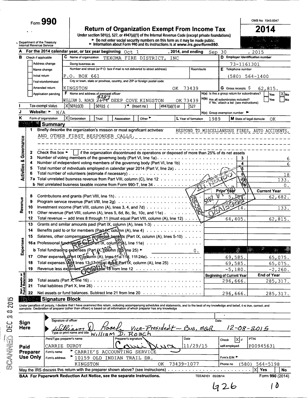 Image of first page of 2014 Form 990 for Texoma Fire District