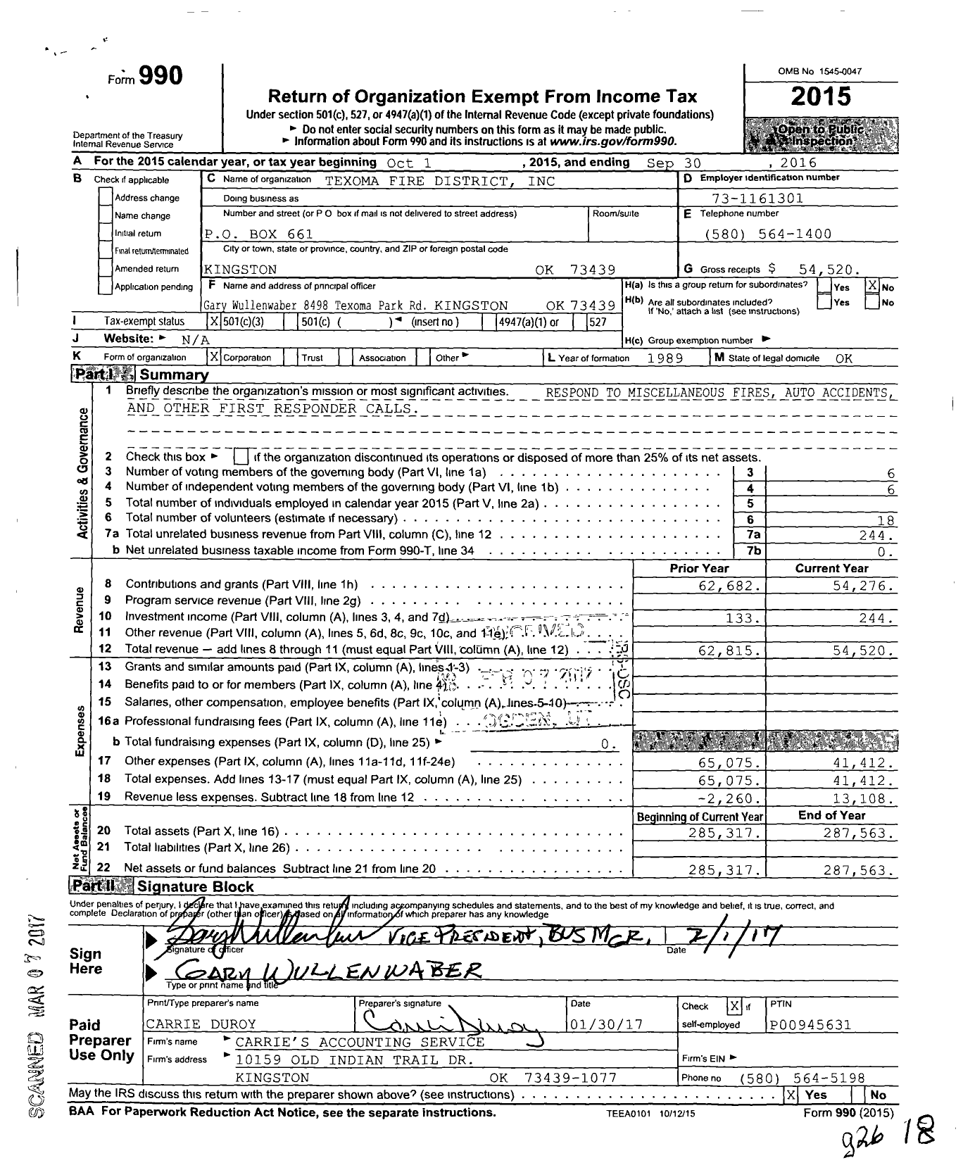 Image of first page of 2015 Form 990 for Texoma Fire District