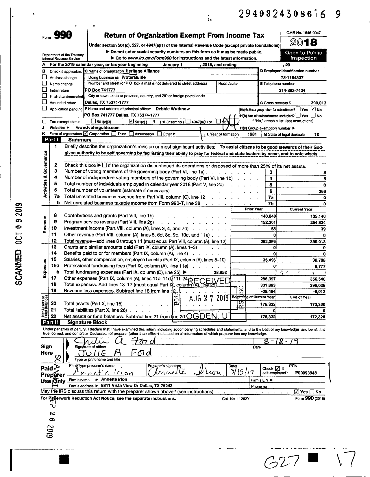 Image of first page of 2018 Form 990O for Ivoterguide