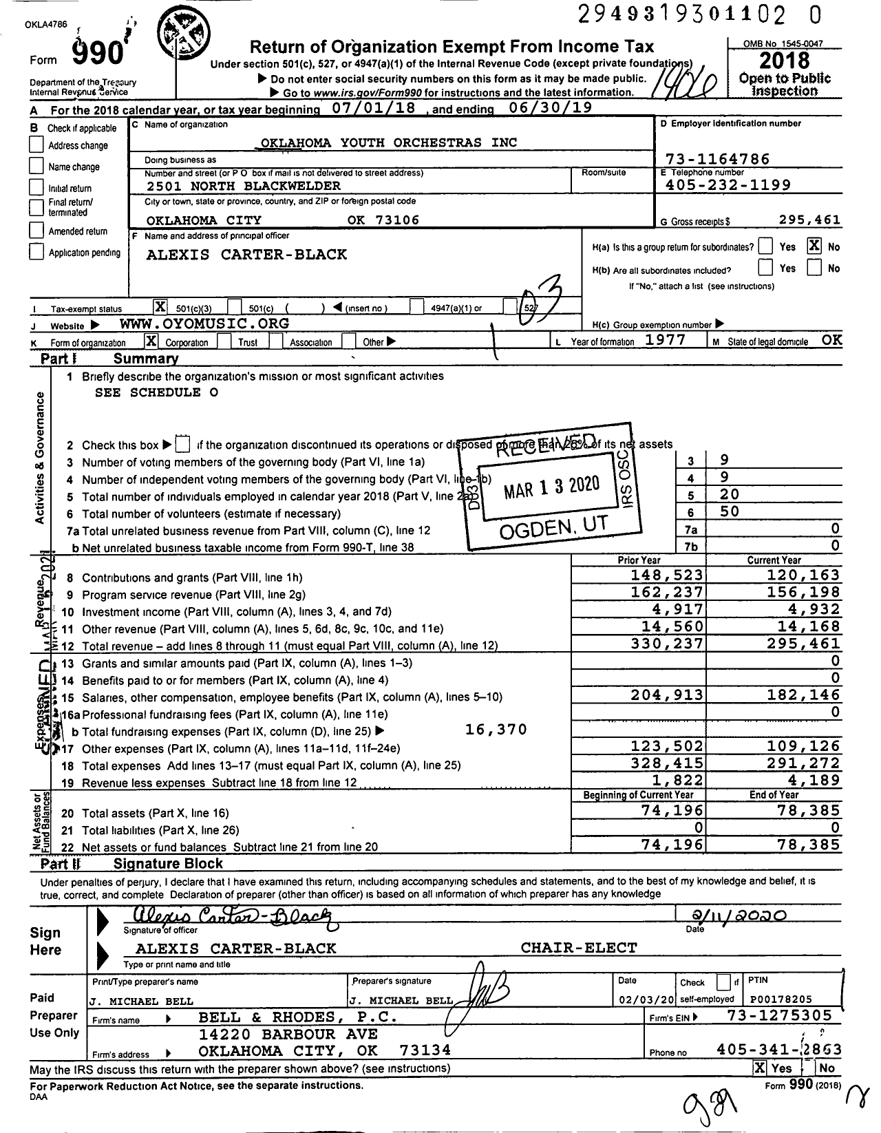 Image of first page of 2018 Form 990 for Oklahoma Youth Orchestras