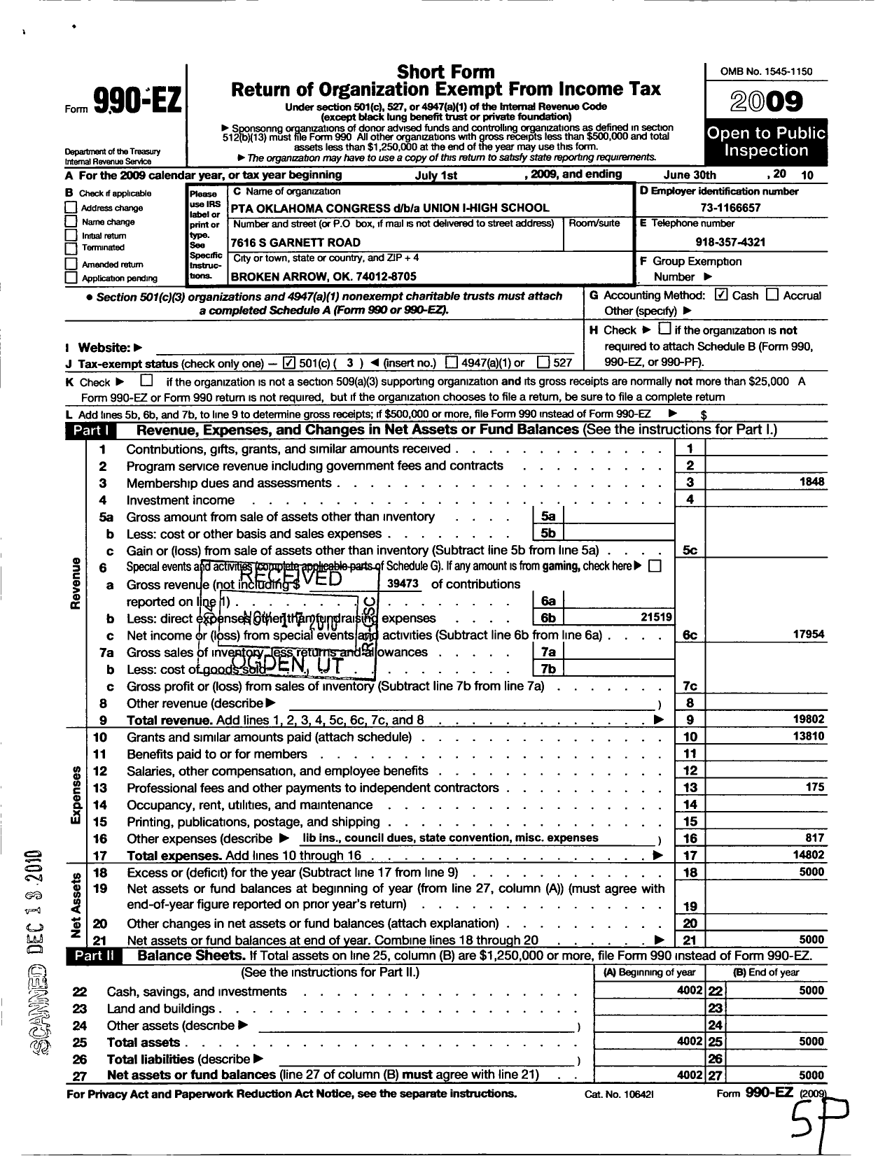 Image of first page of 2009 Form 990EZ for PTA Oklahoma Congress / Union Intermediate High School