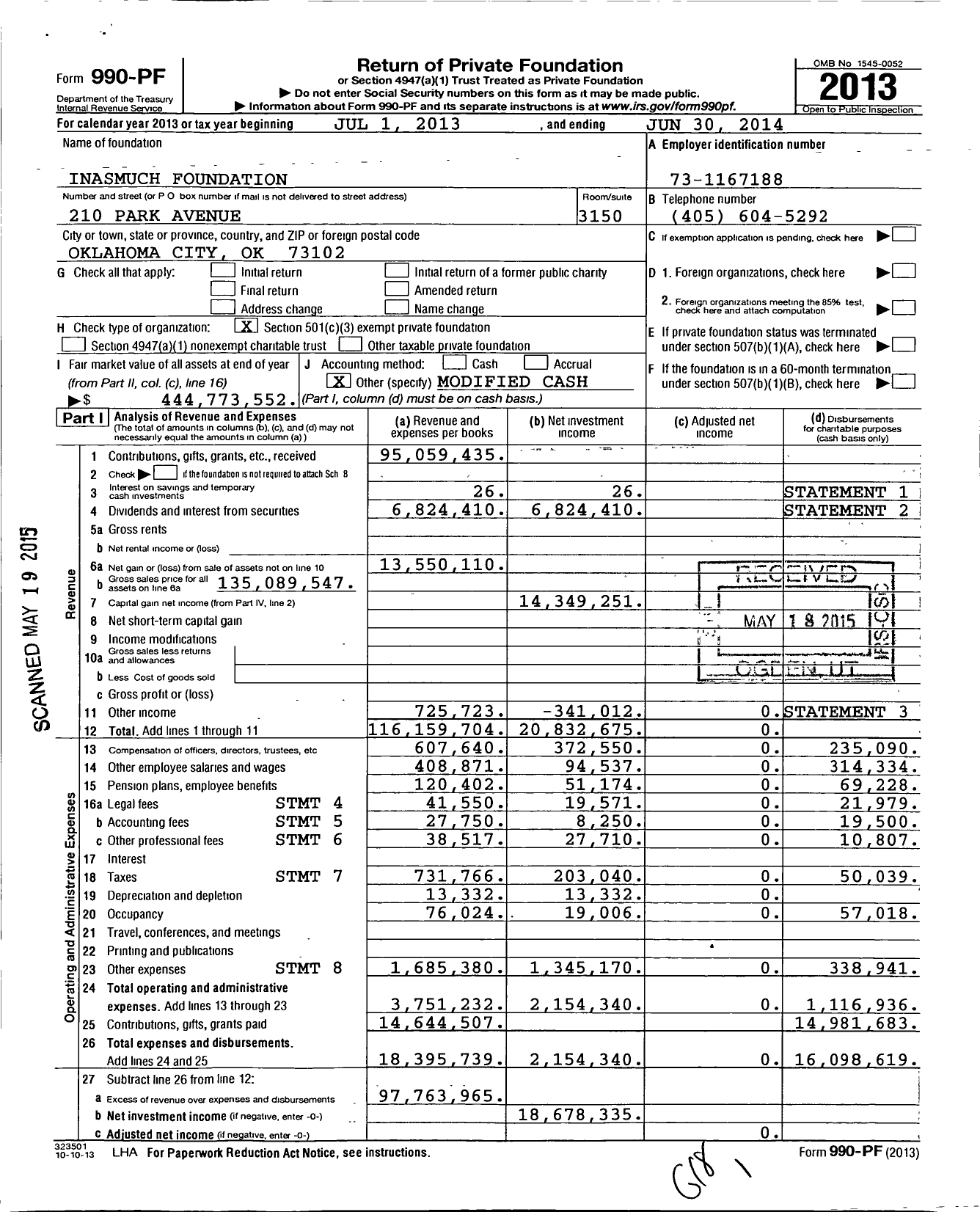 Image of first page of 2013 Form 990PF for Inasmuch Foundation