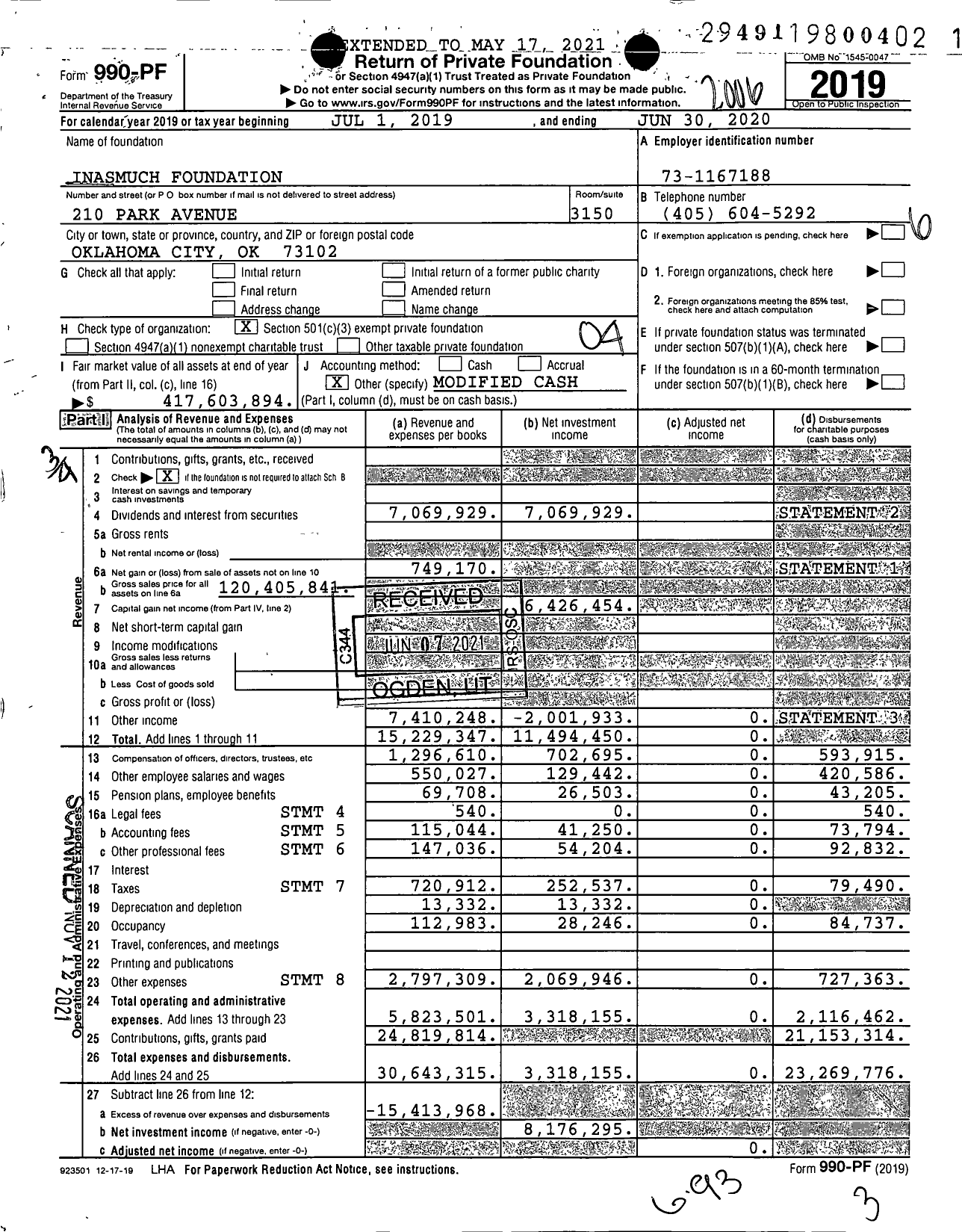 Image of first page of 2019 Form 990PF for Inasmuch Foundation