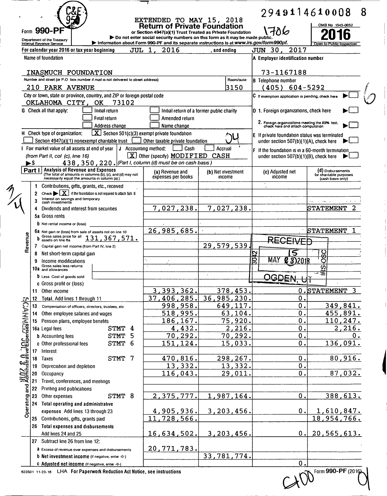 Image of first page of 2016 Form 990PF for Inasmuch Foundation