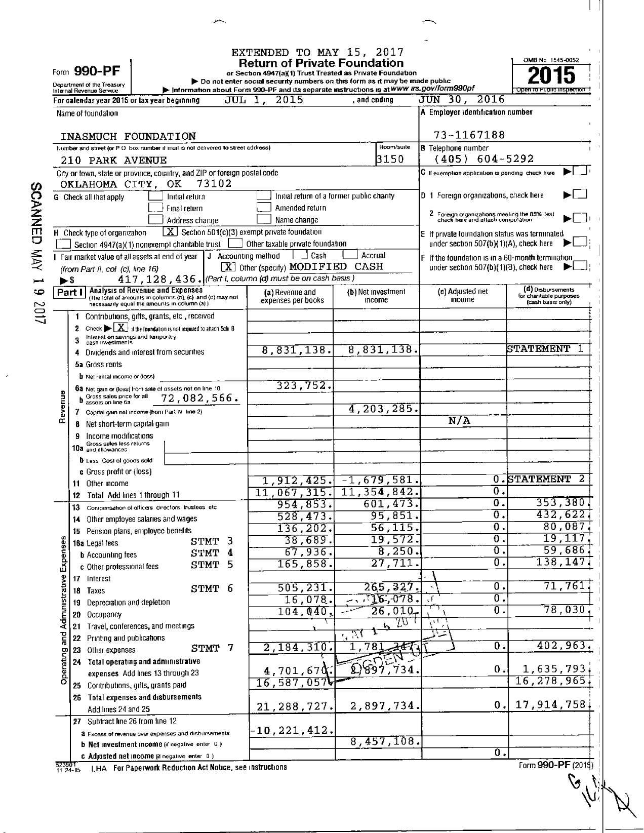 Image of first page of 2015 Form 990PF for Inasmuch Foundation