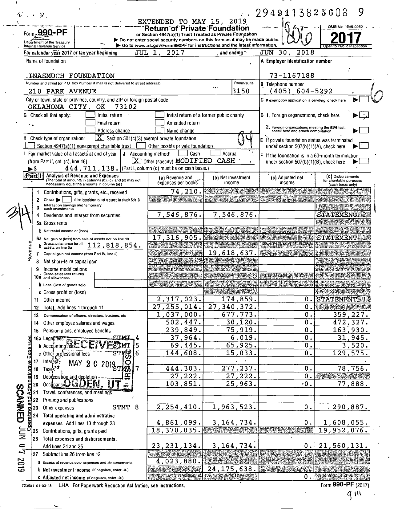 Image of first page of 2017 Form 990PF for Inasmuch Foundation