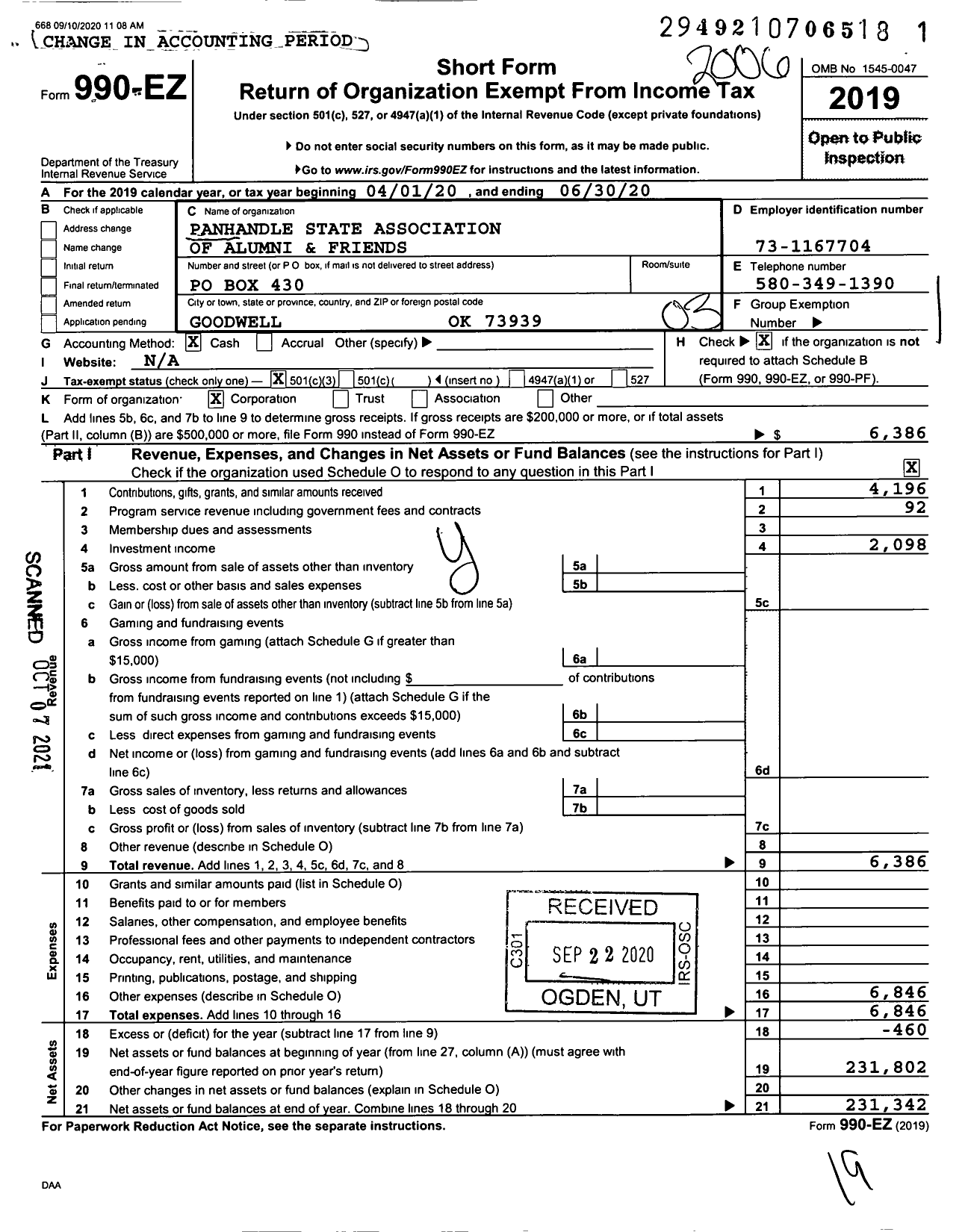 Image of first page of 2019 Form 990EZ for The Panhandle State Association