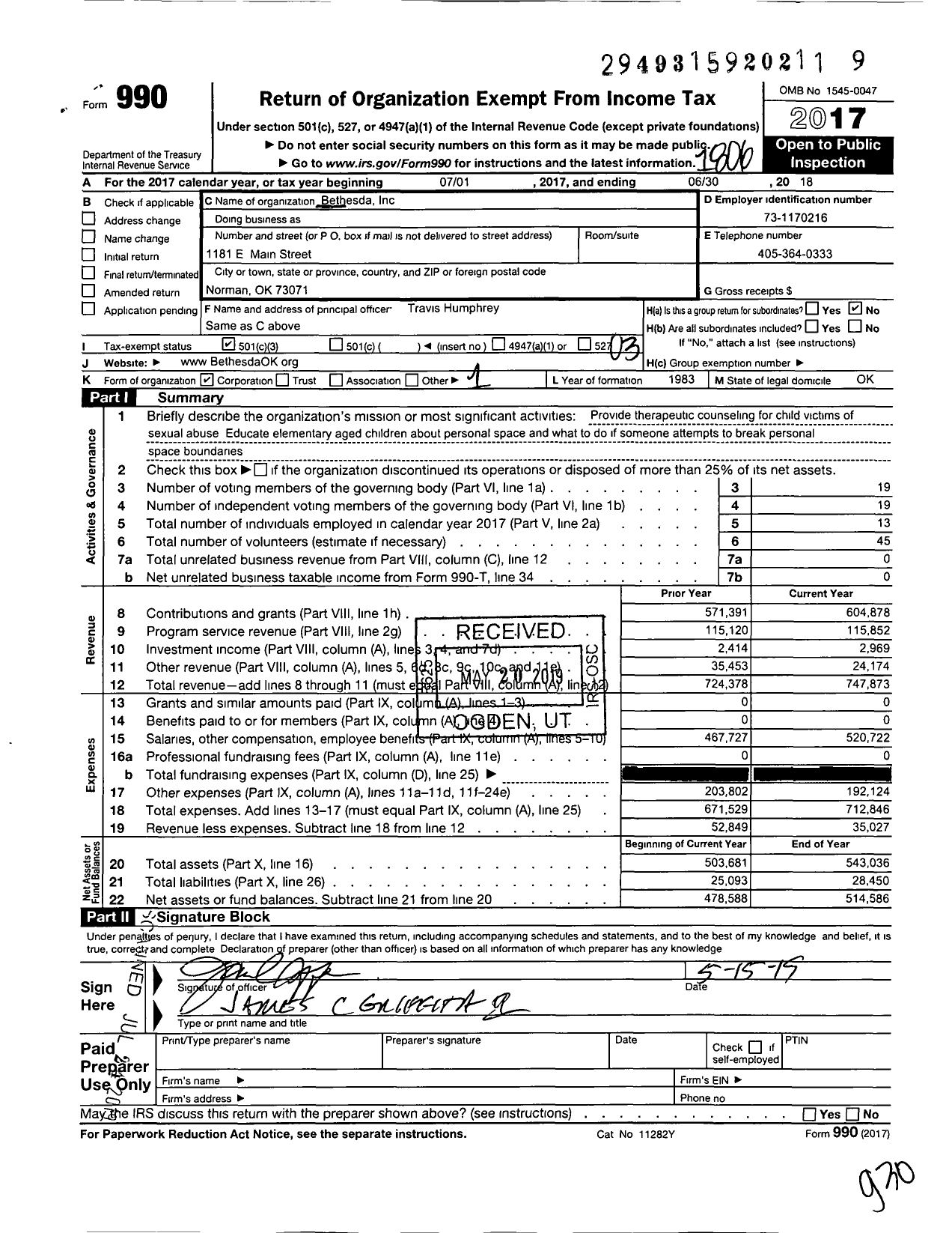 Image of first page of 2017 Form 990 for Bethesda