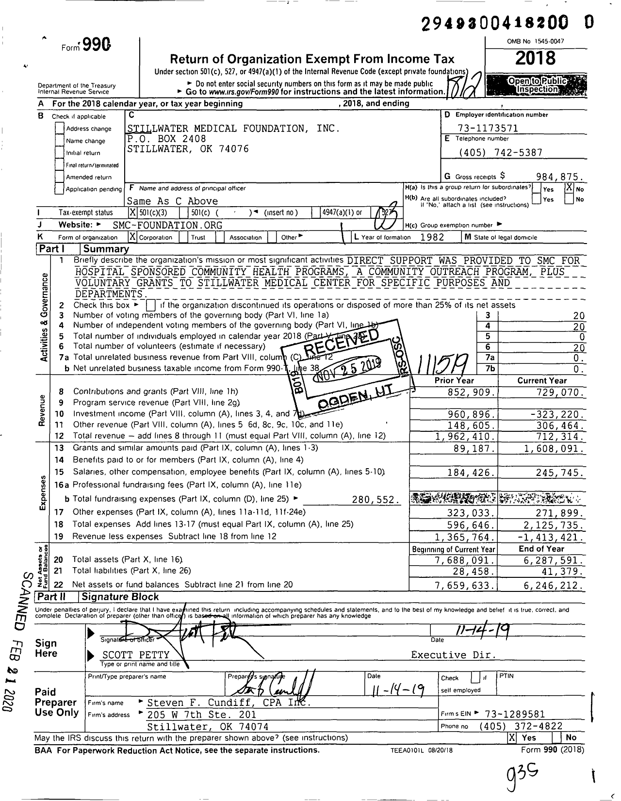 Image of first page of 2018 Form 990 for Stillwater Medical Foundation