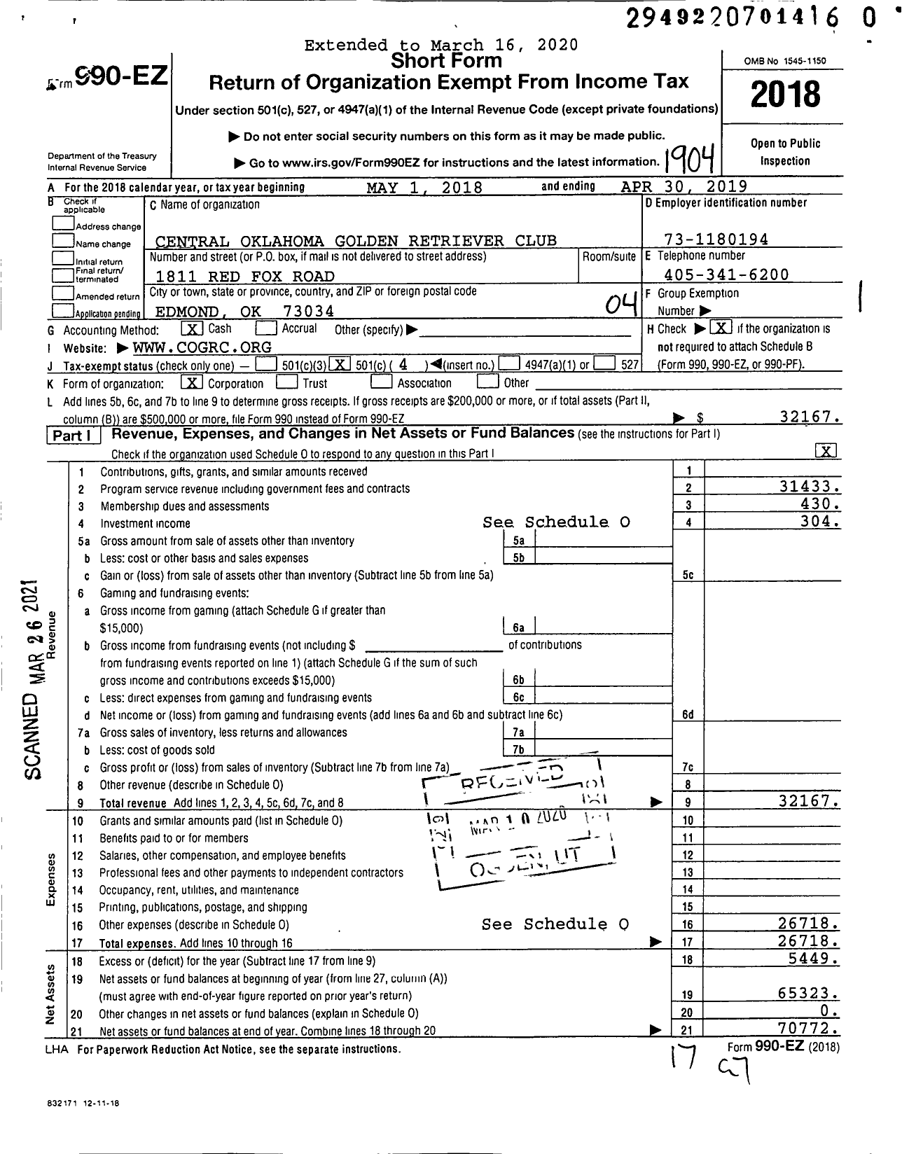 Image of first page of 2018 Form 990EO for The Central Oklahoma Golden Retriever Club