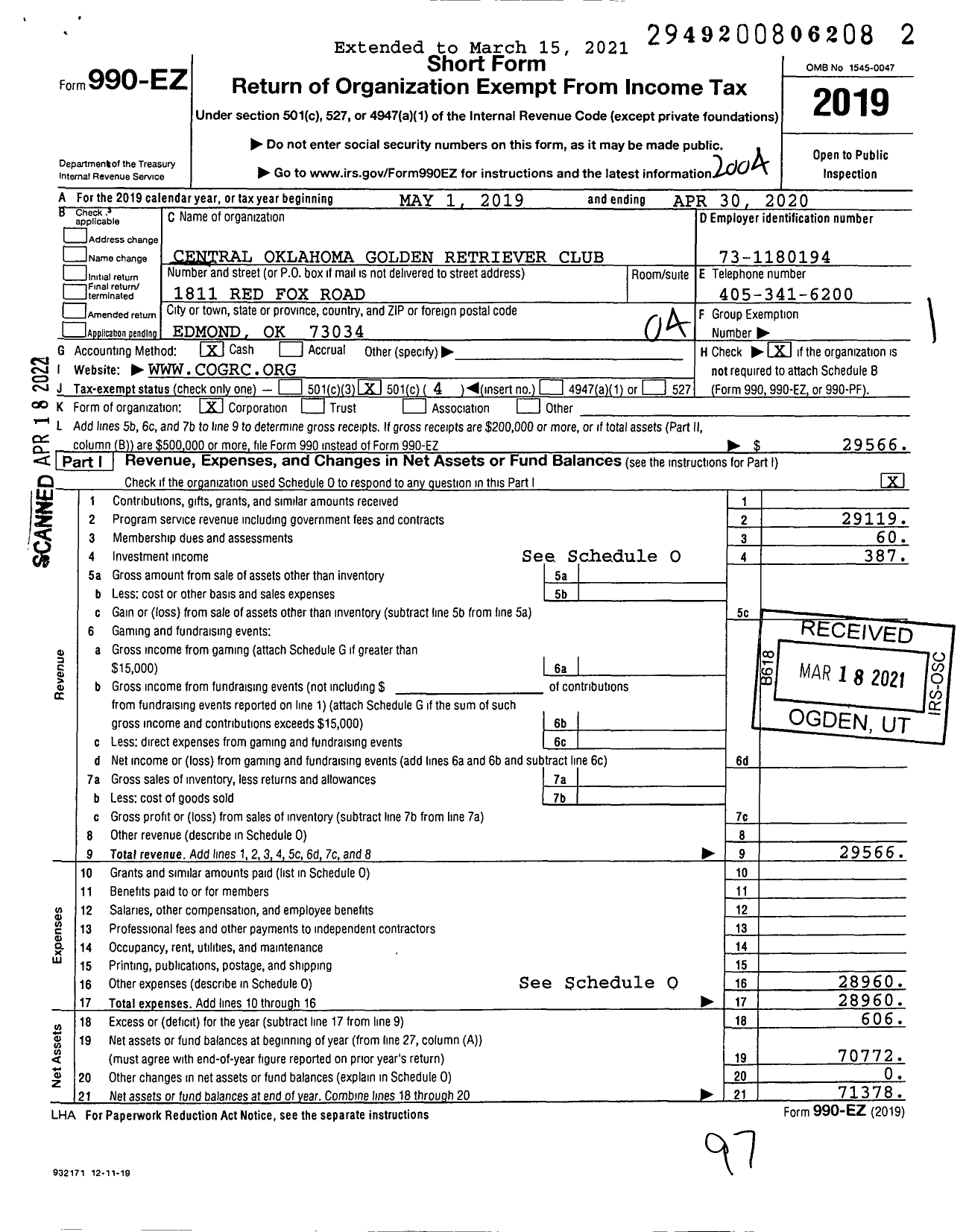 Image of first page of 2019 Form 990EO for The Central Oklahoma Golden Retriever Club