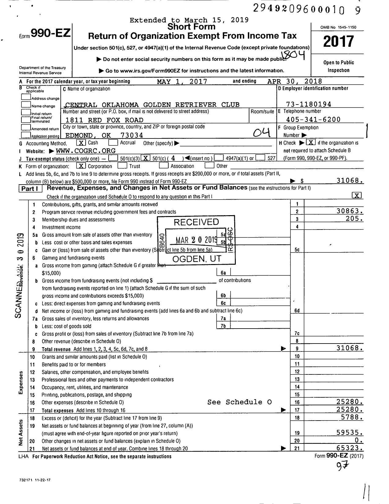 Image of first page of 2017 Form 990EO for The Central Oklahoma Golden Retriever Club