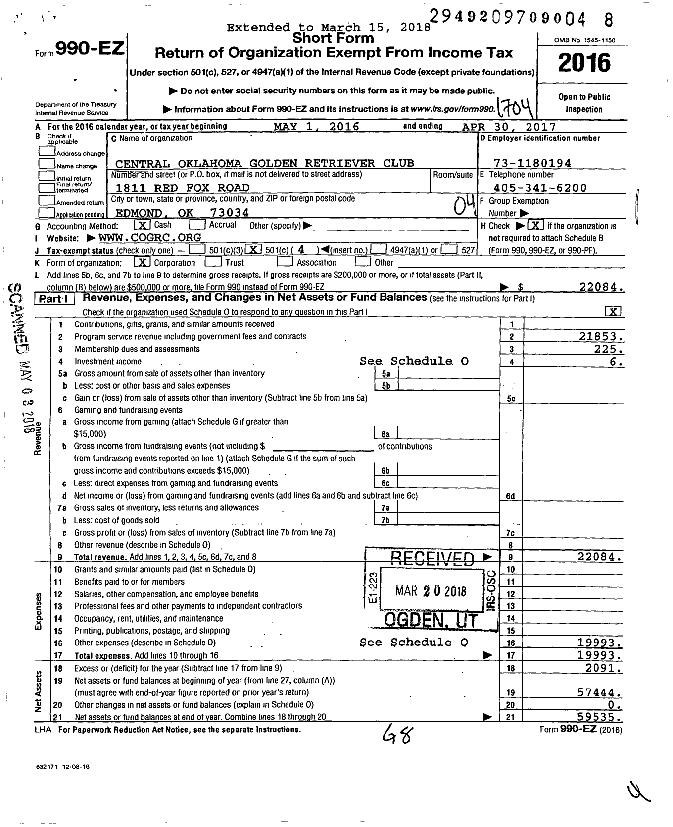 Image of first page of 2016 Form 990EO for The Central Oklahoma Golden Retriever Club